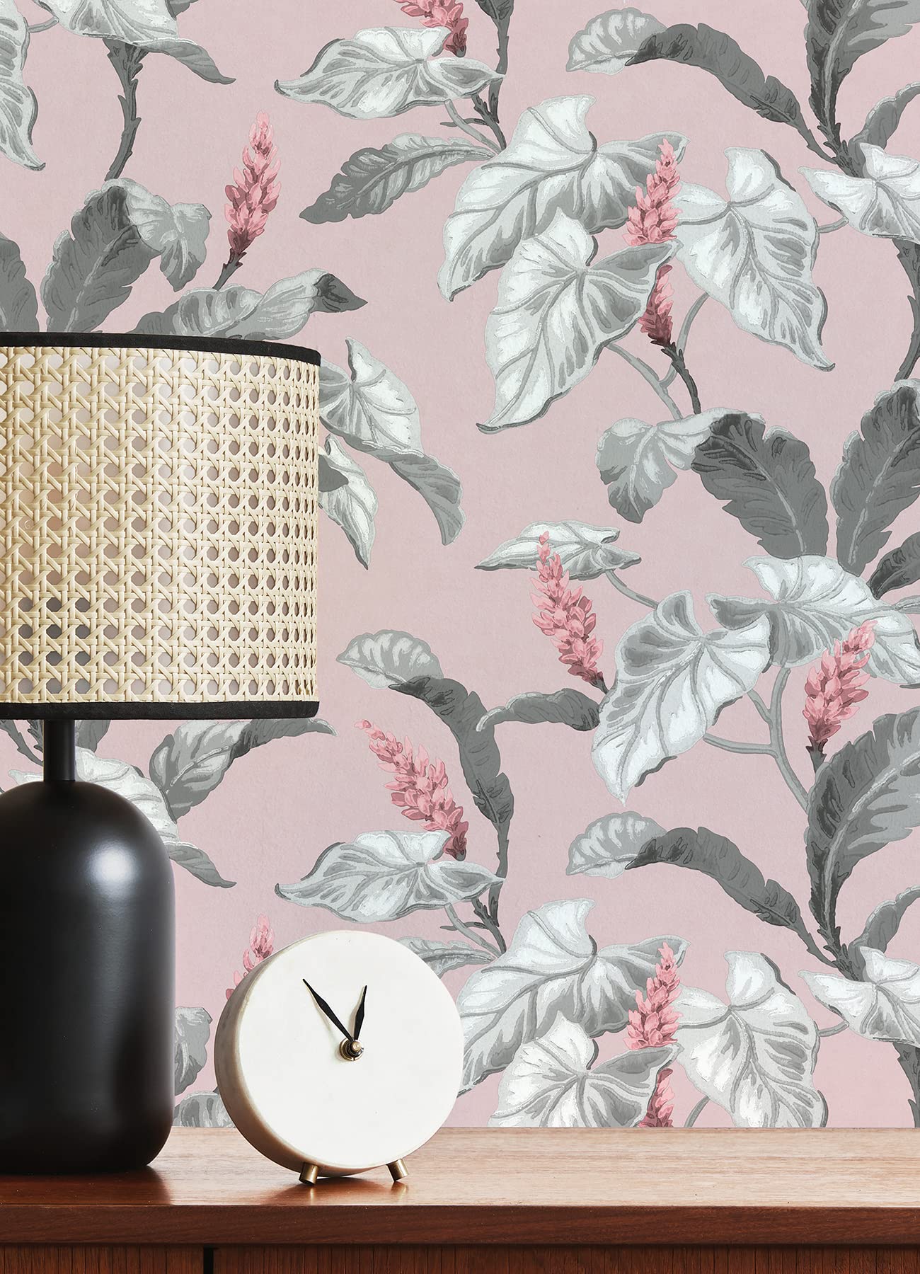 Brewster Home Fashions Meridian Parade Pink Tropical Leaves Wallpaper - Self-Adhesive Peel & Stick Wallpaper for Bedroom, Bathroom, Nursery Decor - Waterproof & Removable Tropical Leaf Design