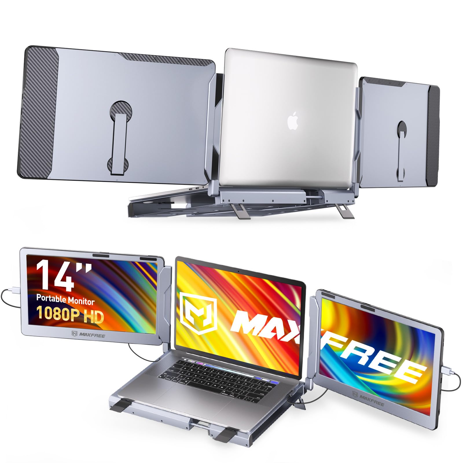 F2 Triple Screen Laptop Monitor Extender with 360° Rotation Stand - Plug & Play for Windows, Mac (M2 Pro/Max), Surface & Nintendo Switch - 14
