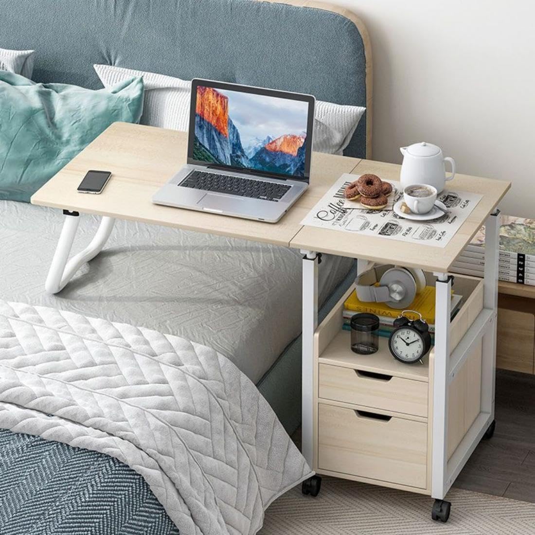 Adjustable Height Freestanding Overbed Table with Wheels & Drawers - Foldable Mobile Laptop Desk for Bedroom, Hospital, or Office Use - Rolling Computer Workstation for Small Spaces & Home Nursing Care