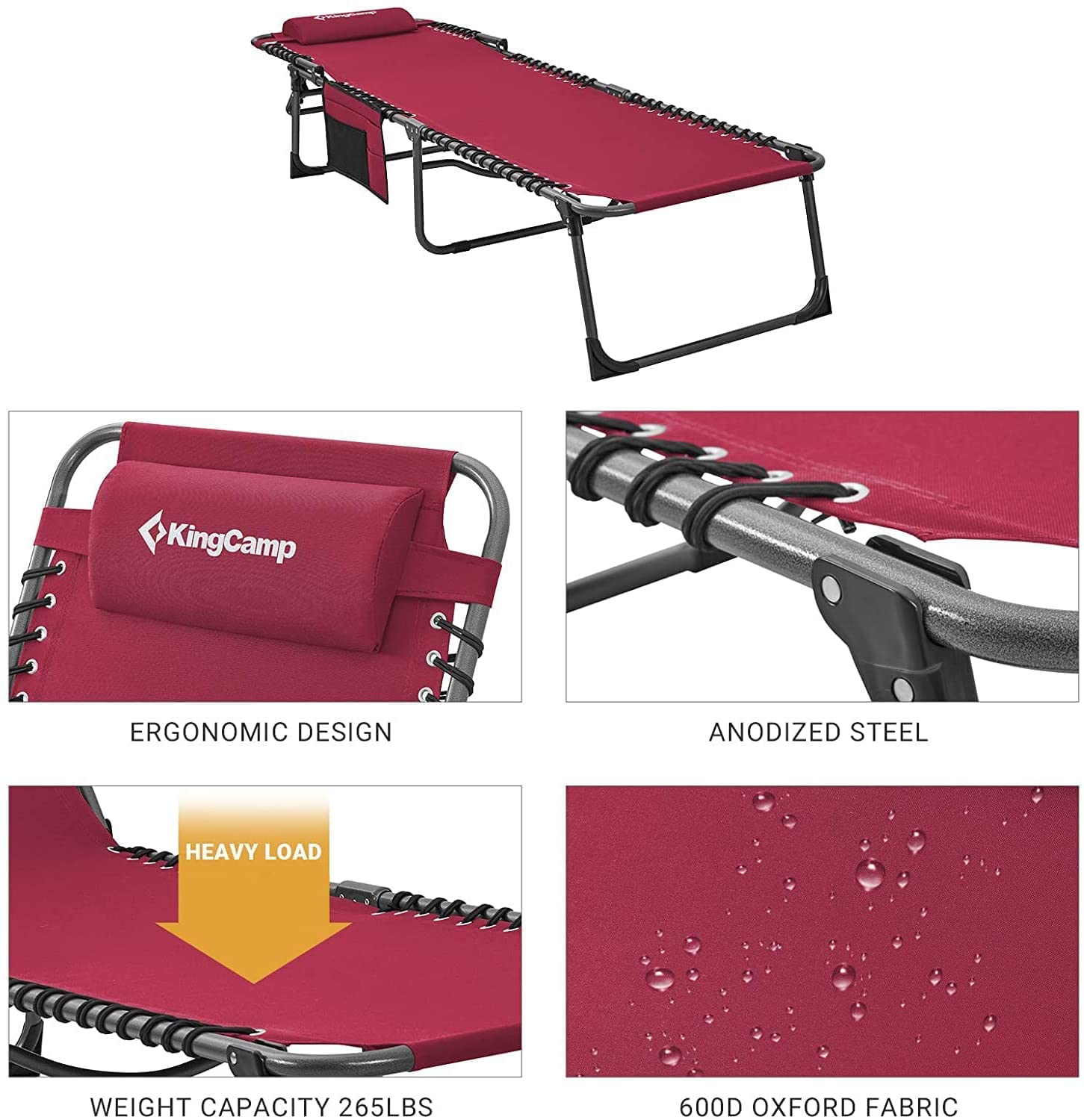KingCamp Folding Chaise Lounge Chair - Heavy Duty Adjustable Outdoor Sun Chair for Camping, Beach, Pool & Patio - Lightweight Portable with Pillow - Perfect for Relaxing in Garden, Lawn or Backyard
