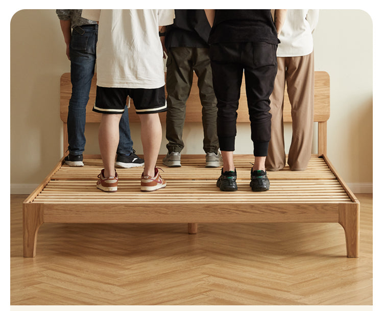 Solid Oak Rubber Wood Bed - Modern Nordic Style Queen/King Size Bed Frame for Bedroom, Living Room & Guest Room
