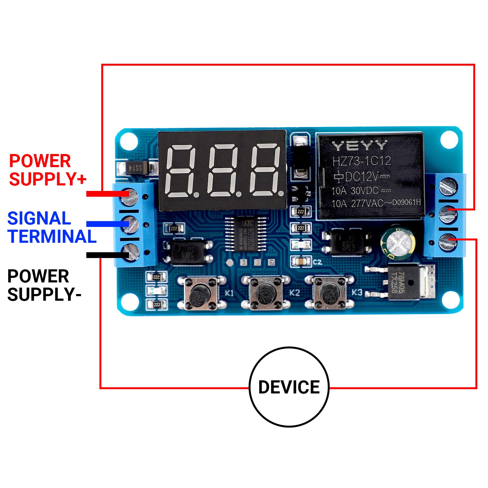 DROK 12V Digital Timer Relay Switch - 0.1s to 999min Adjustable Delay, 4-Mode On/Off Cycle, 50mA Capacity with LED Display for Automotive, Home Automation & Industrial Control Systems