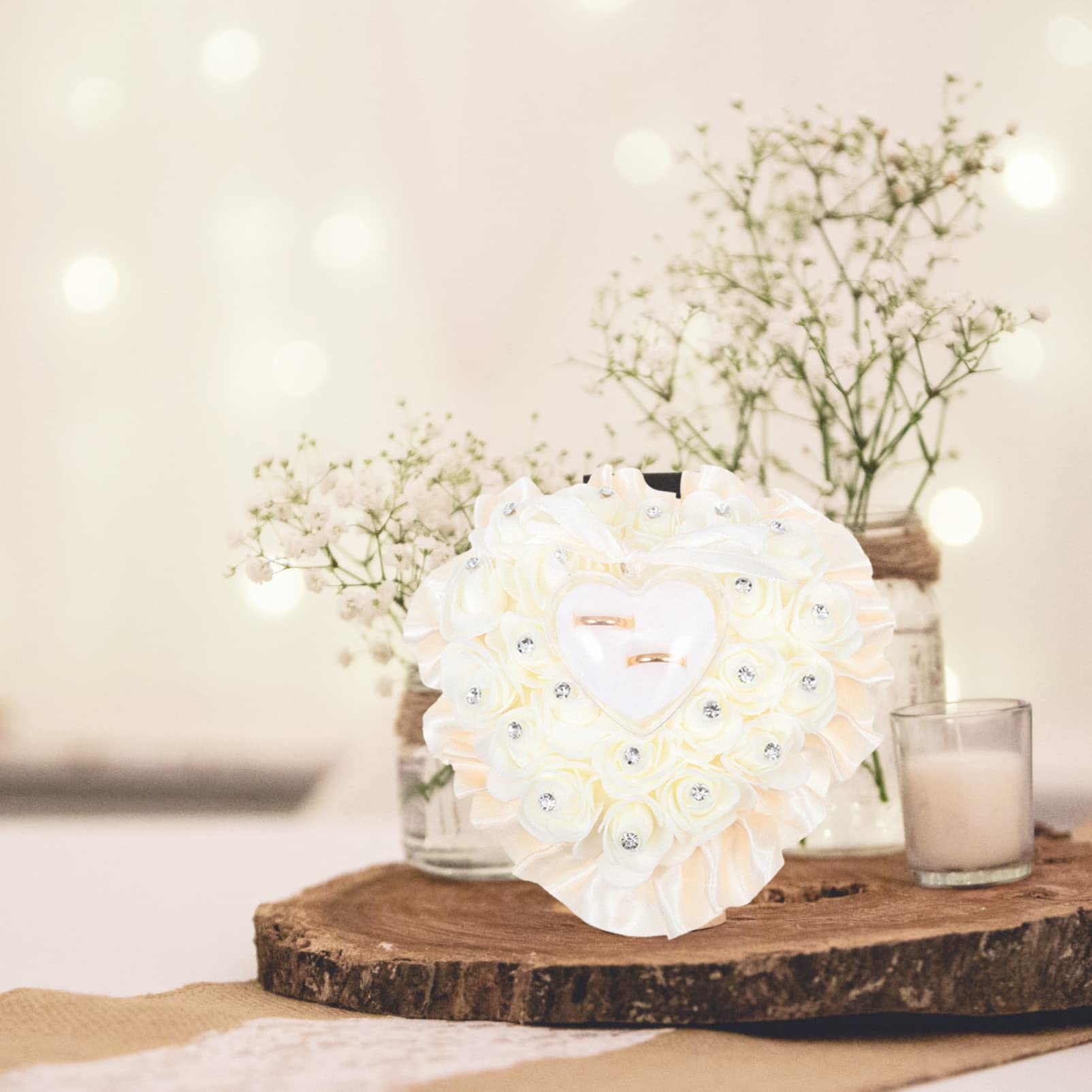 Elegant Rose Ring Pillow with Lace & Crystal - Heart-Shaped Wedding Ring Box Cushion for Ring Bearer - Perfect for Wedding Ceremony, Proposal & Bridal Jewelry Gift - Beige Romantic Wedding Accessory