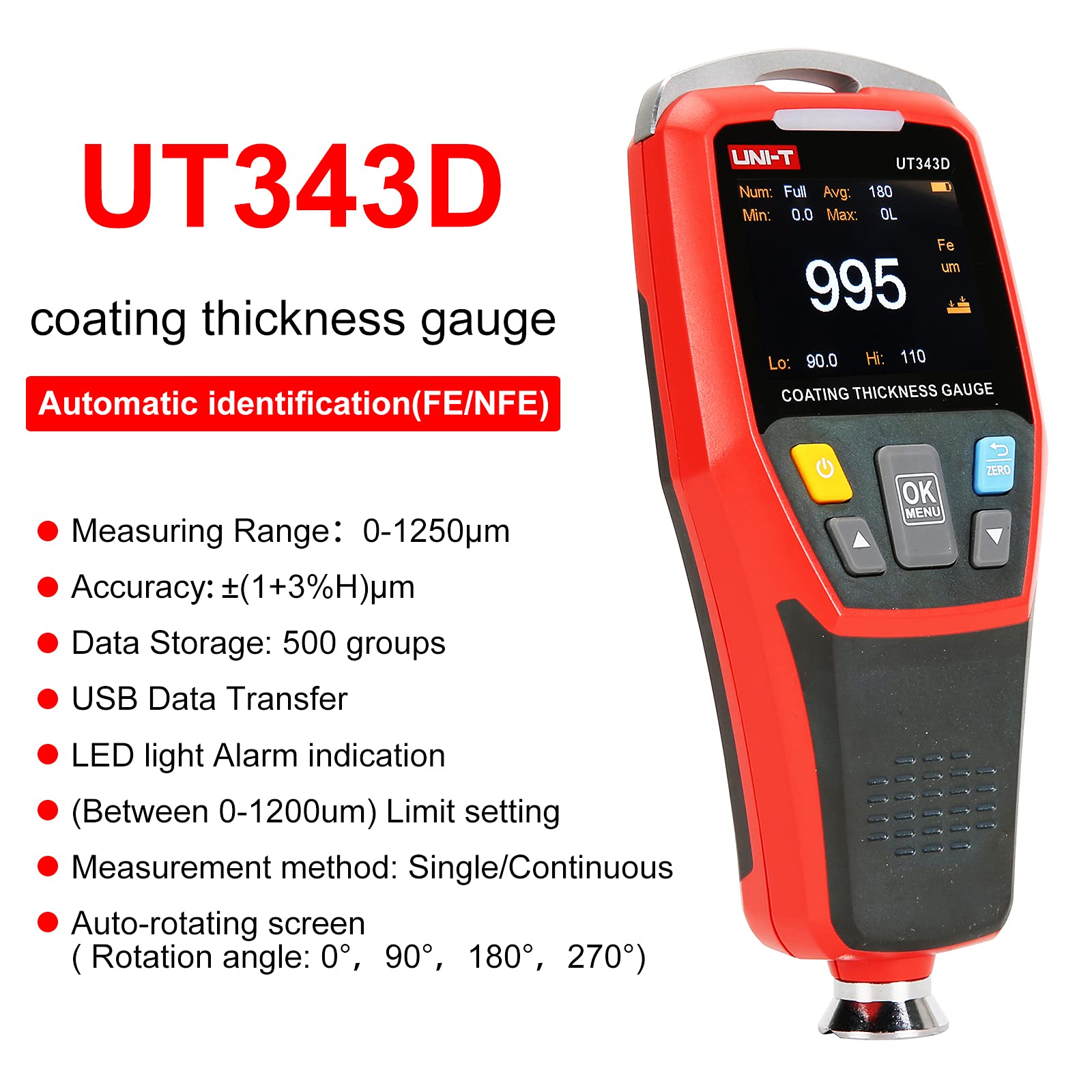 UT343D Digital Coating Thickness Gauge 0.1 Micron to 1250μm - Automotive Paint & Film Thickness Tester for Car, Truck, Metal Surface Inspection | Perfect for Auto Body Shops, Quality Control & Industrial Applications