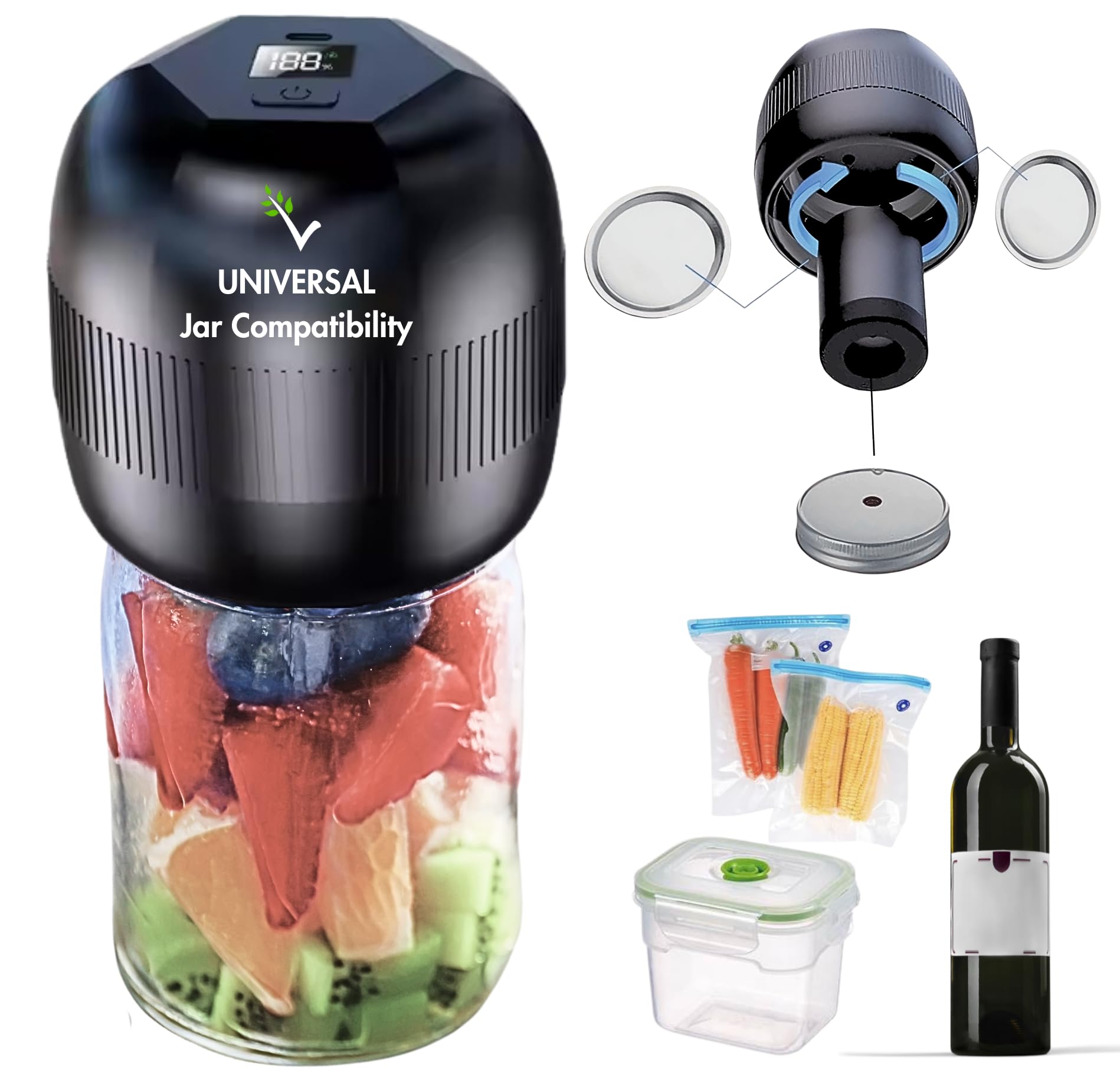 Premium Electric Mason Jar Vacuum Sealer for Food Preservation - Works with Regular & Wide Mouth Jars, Containers, Bags & Wine Bottles | Ideal for Canning, Pickling, Fermenting, Meal Prep & Long-Term Food Storage | Kitchen & Pantry Organization Essential