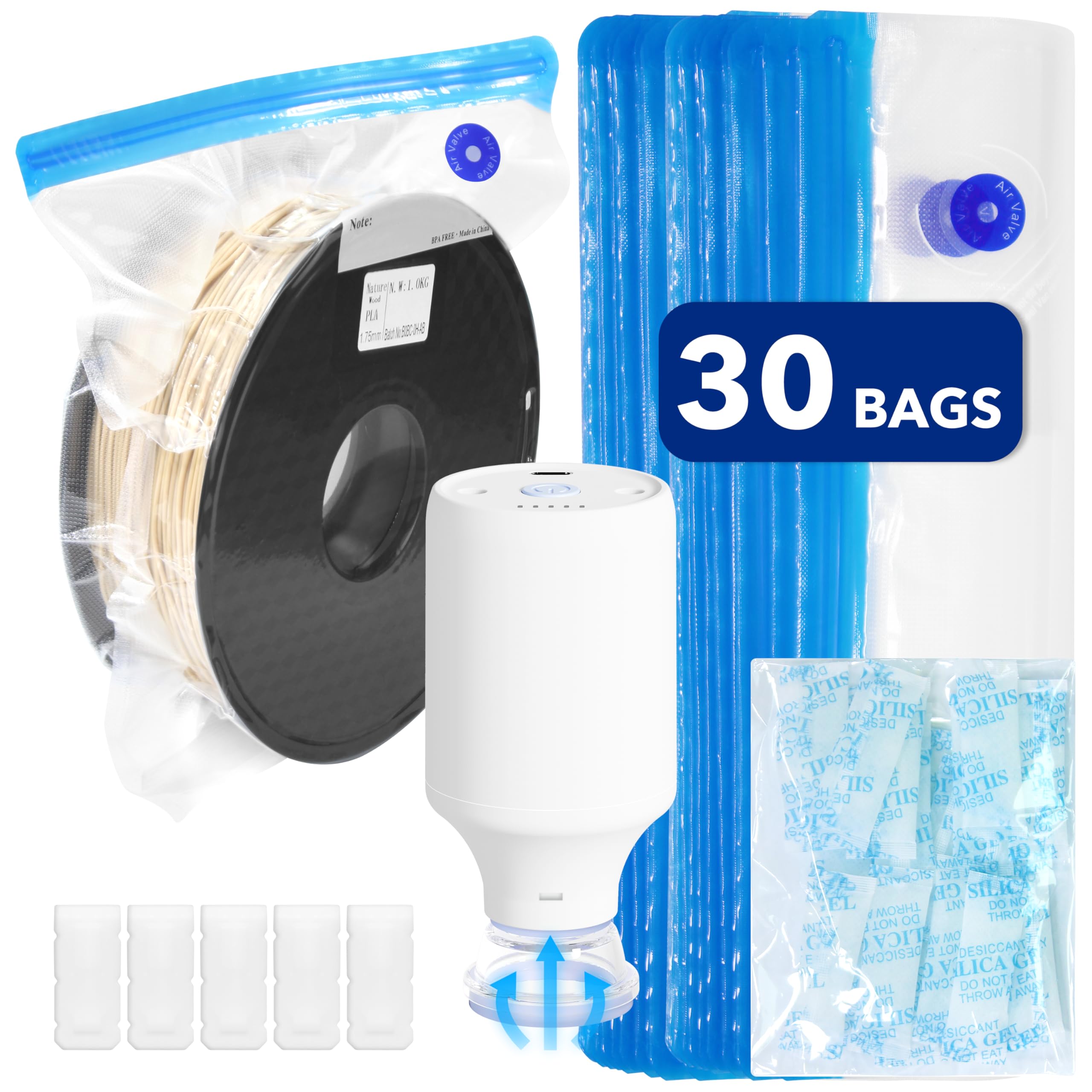 30PCS 3D Printer Filament Vacuum Storage Bags Kit (12.6x13.4 Inch) with Air Pump, 30 Desiccants & 5 Sealing Clips - Moisture Proof Filament Dryer Box Accessories for PLA, ABS, PETG Filament Storage - Perfect for 3D Printing Workshops & Home Use