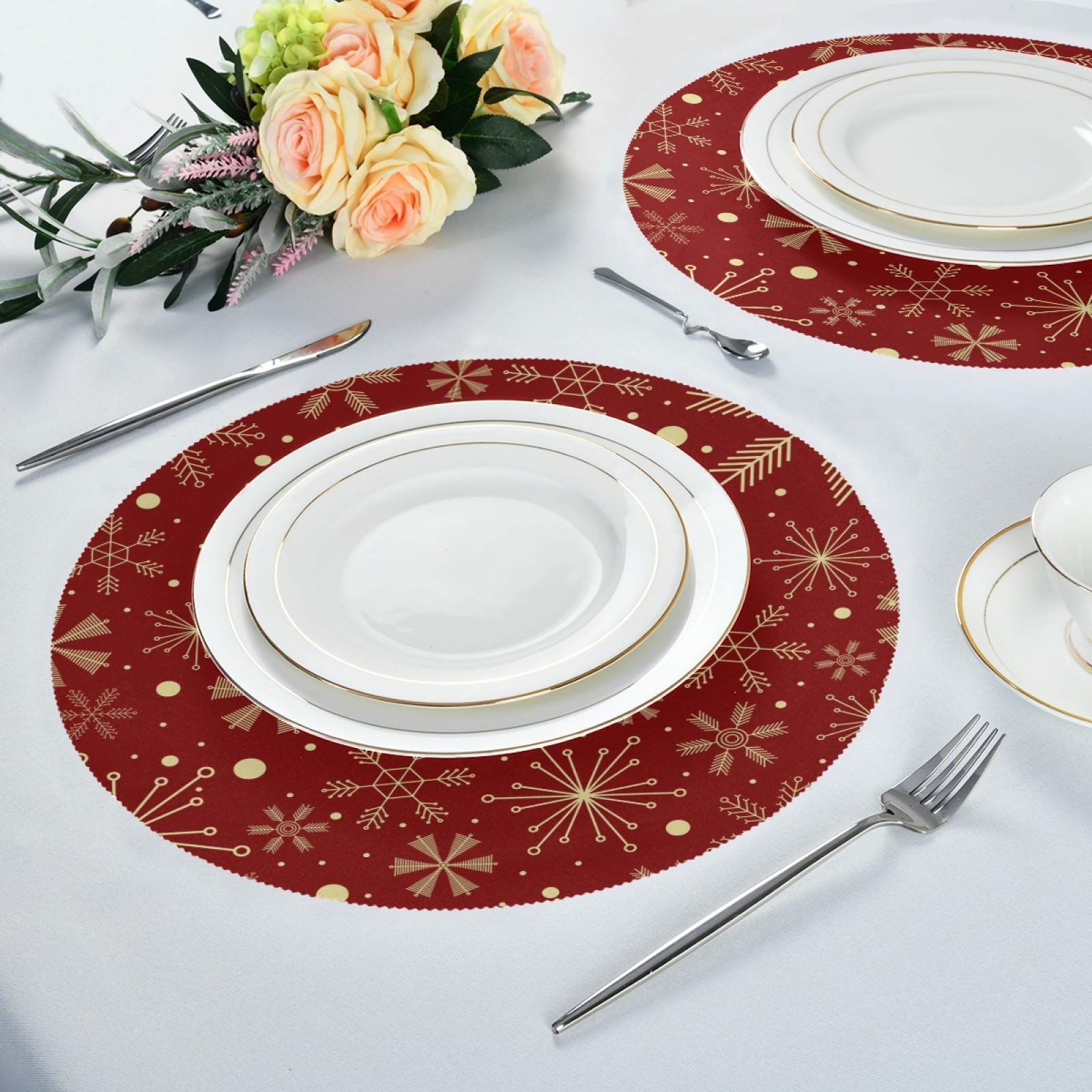 6-Pack Christmas Snowflake Red Round Placemats - Heat Resistant, Non-Slip, Washable Dining Table Mats for Holiday Decor & Everyday Use
