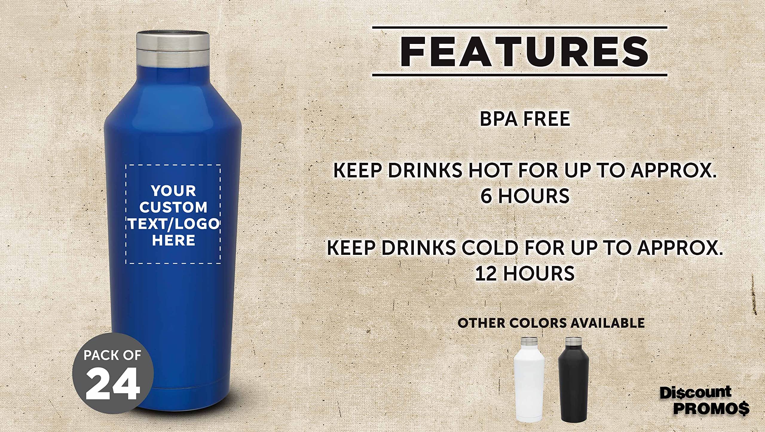 Custom Stainless Steel Water Bottles 17 oz (24-Pack) - Double Wall Insulated, Personalized Bulk Promotional Bottles for Hot & Cold Drinks - Coffee, Soda, Juice - Perfect for Office Gifts, Corporate Events & Branding Promotions - Blue