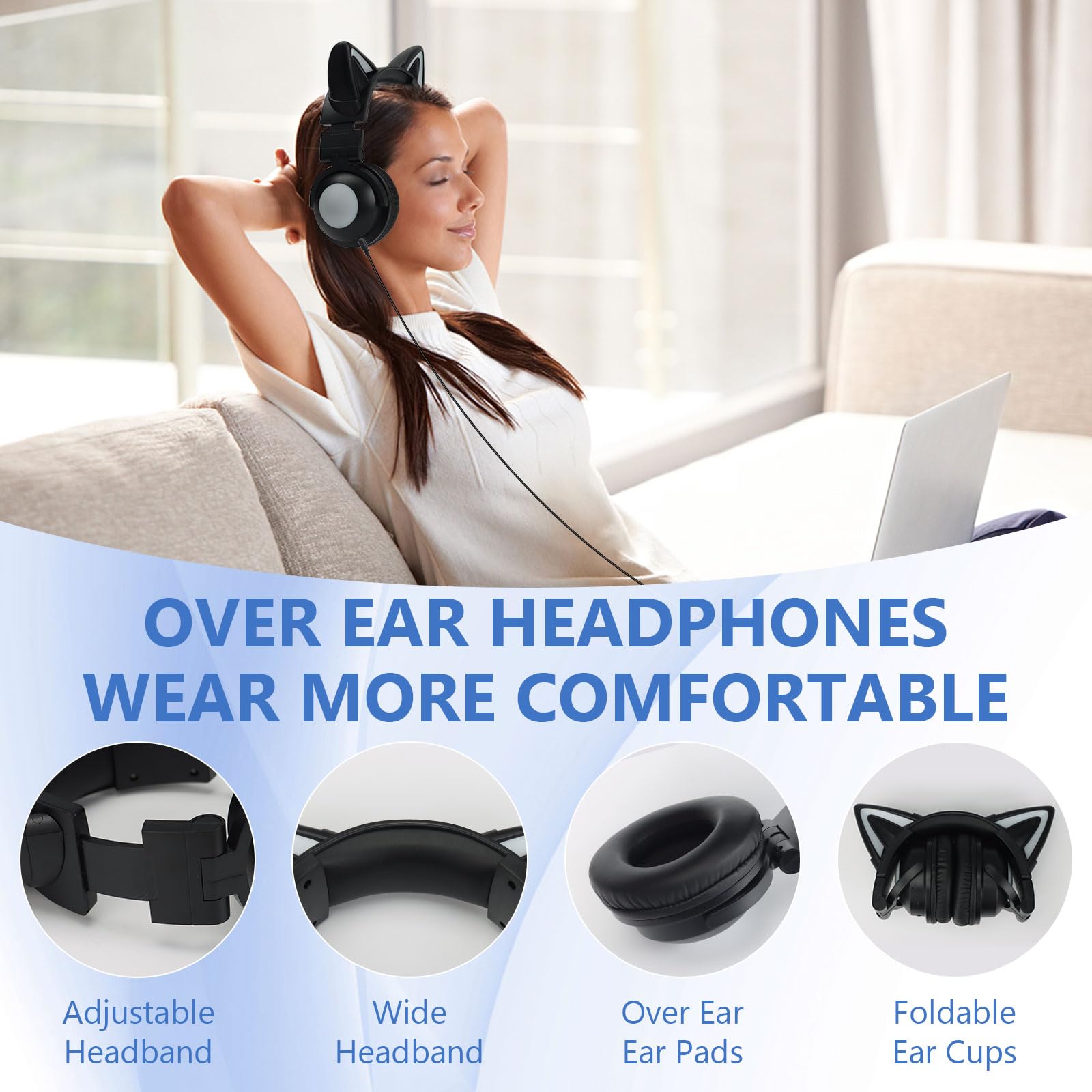 Wireless Cat Ear Headphones with Built-in Mic - Foldable LED Bluetooth Headset for Kids & Adults, Compatible with Phone/PC/Tablet/TV (Black) - Perfect for Gaming, Music, Online Classes & Travel