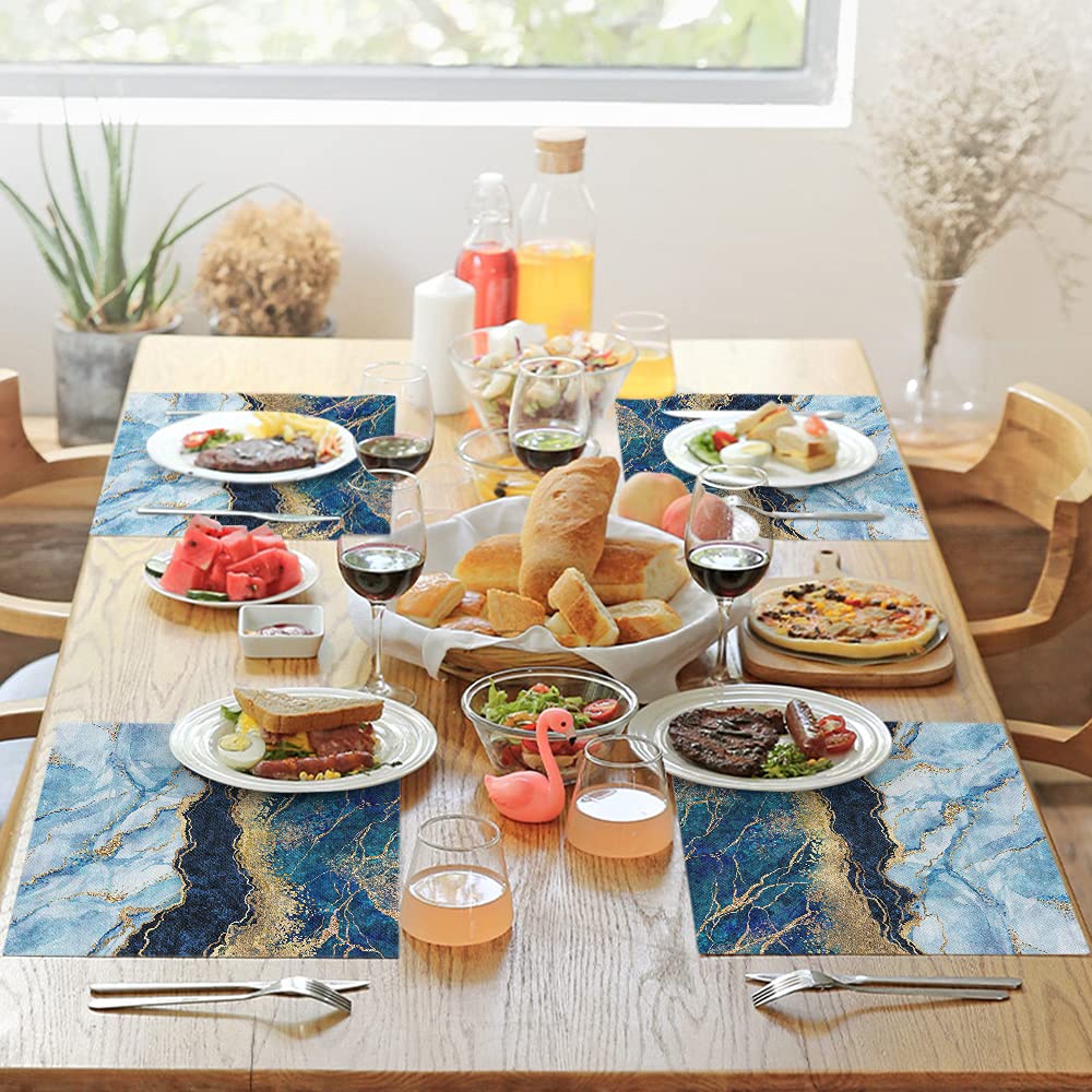 WONDERTIFY Blue Marble Placemats Set of 4 - Heat & Stain Resistant Artificial Marble Table Mats (12x18 Inches) with Gold Foil & Glitter Design - Elegant Dining Table Decor for Dinner Parties, Holiday Entertaining & Home Decor
