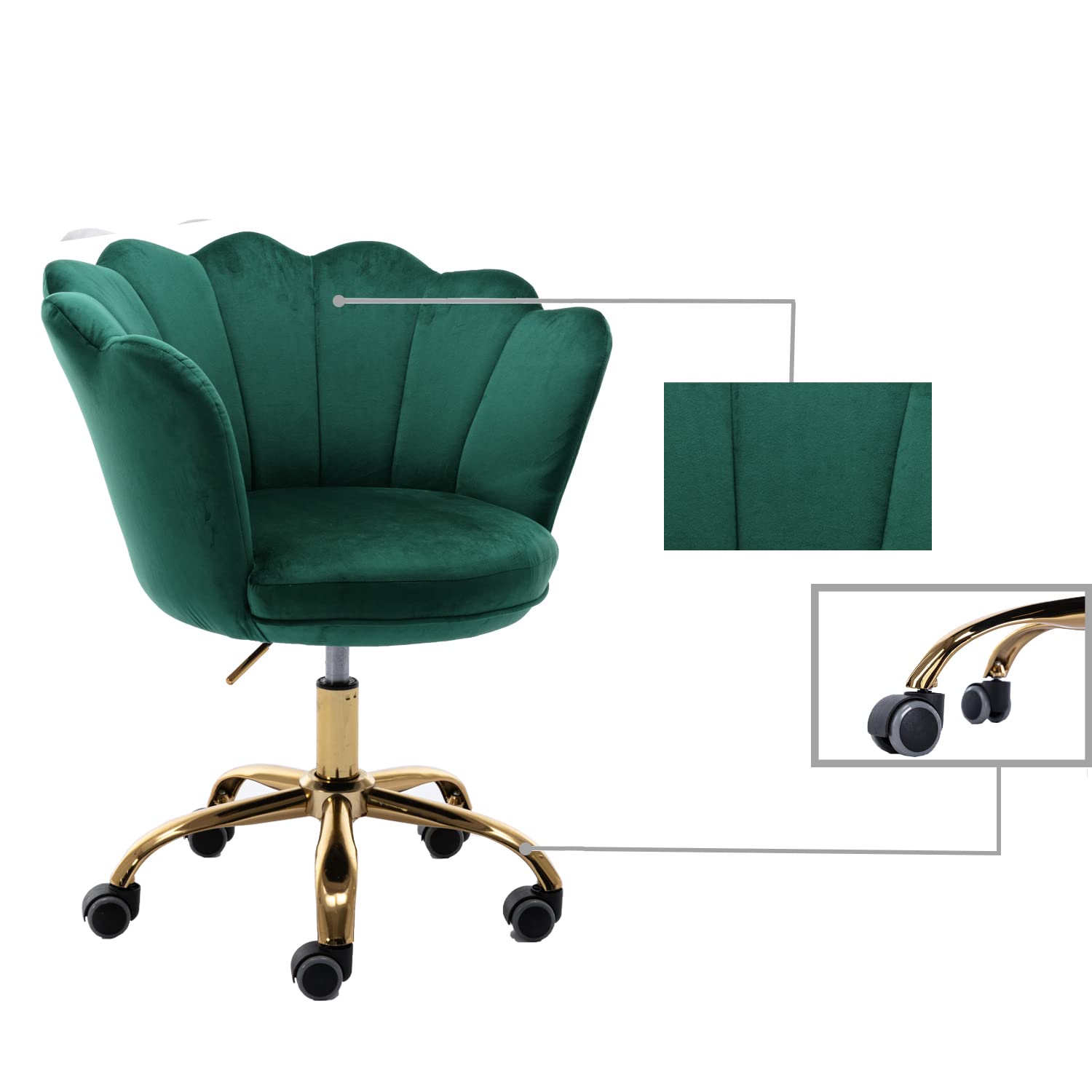 Modern Velvet Home Office Chair with Wheels - Swivel Adjustable Height Desk Chair for Work, Study, Makeup Vanity - Perfect for Living Room & Bedroom (Lake Green)