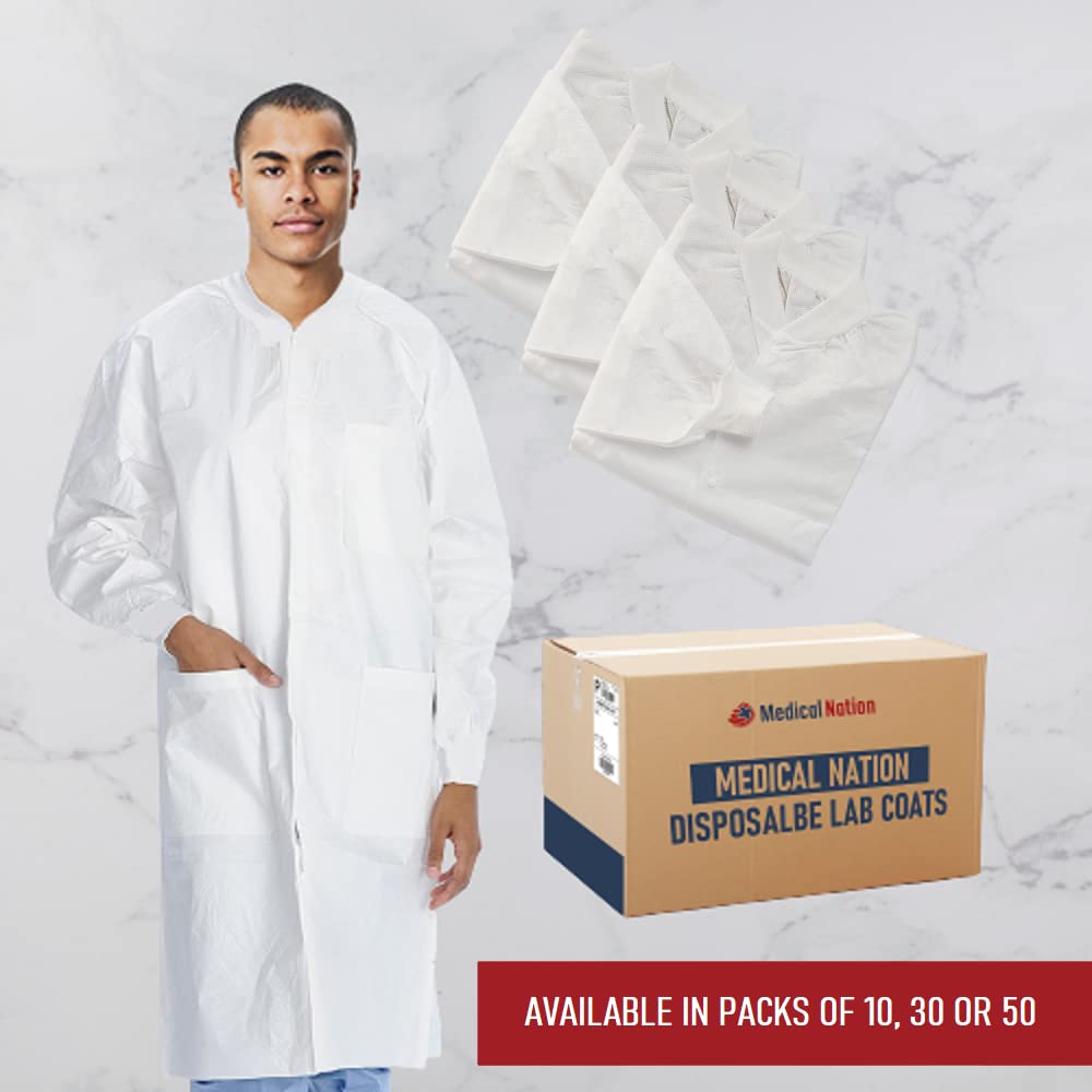 Disposable Lab Coats for Adults - White SMS Material with 3 Pockets | Durable & Comfortable Lab Wear (XS-5XL) | Perfect for Medical, Laboratory & Industrial Use