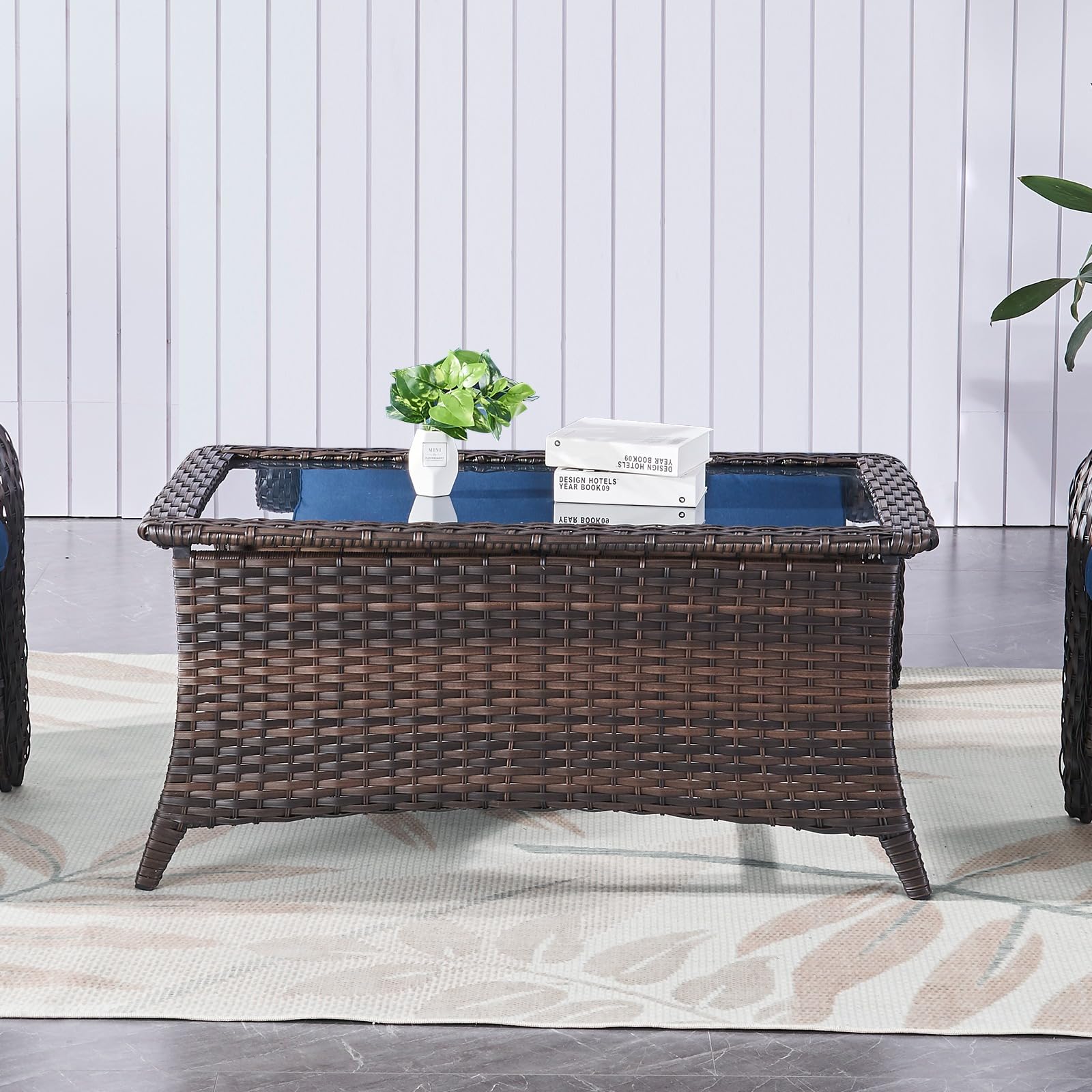 Outdoor Coffee Table with Tempered Glass Top - Brown Rectangular Wicker Patio Table, Handwoven Rattan Furniture for Porch, Deck, Backyard | Perfect for Outdoor Lounging, Garden Parties & Poolside Relaxation