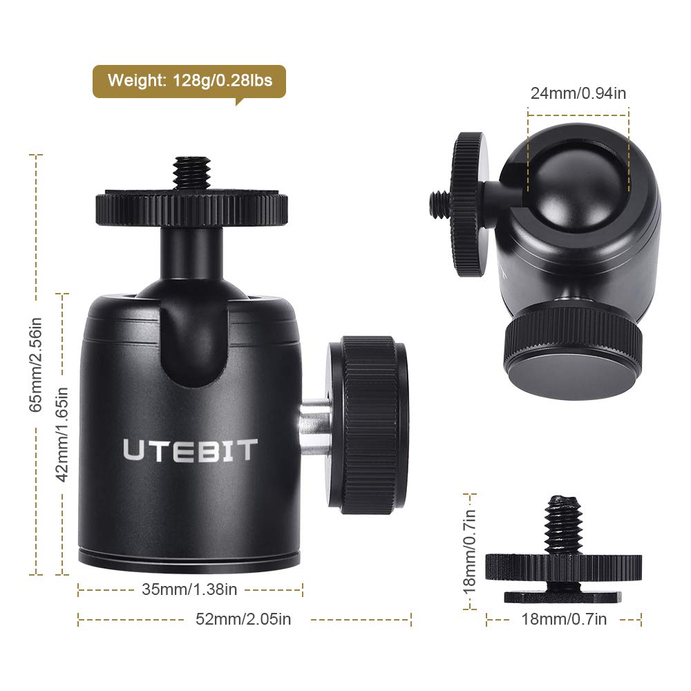 UTEBIT 360° Mini Ball Head Tripod Mount - 5kg Load Aluminum Alloy Fluid Camera Head with Removable Shoe Adapter for DSLR, Mirrorless, Monopod, Flash & Monitor | Perfect for Photography, Videography & Live Streaming
