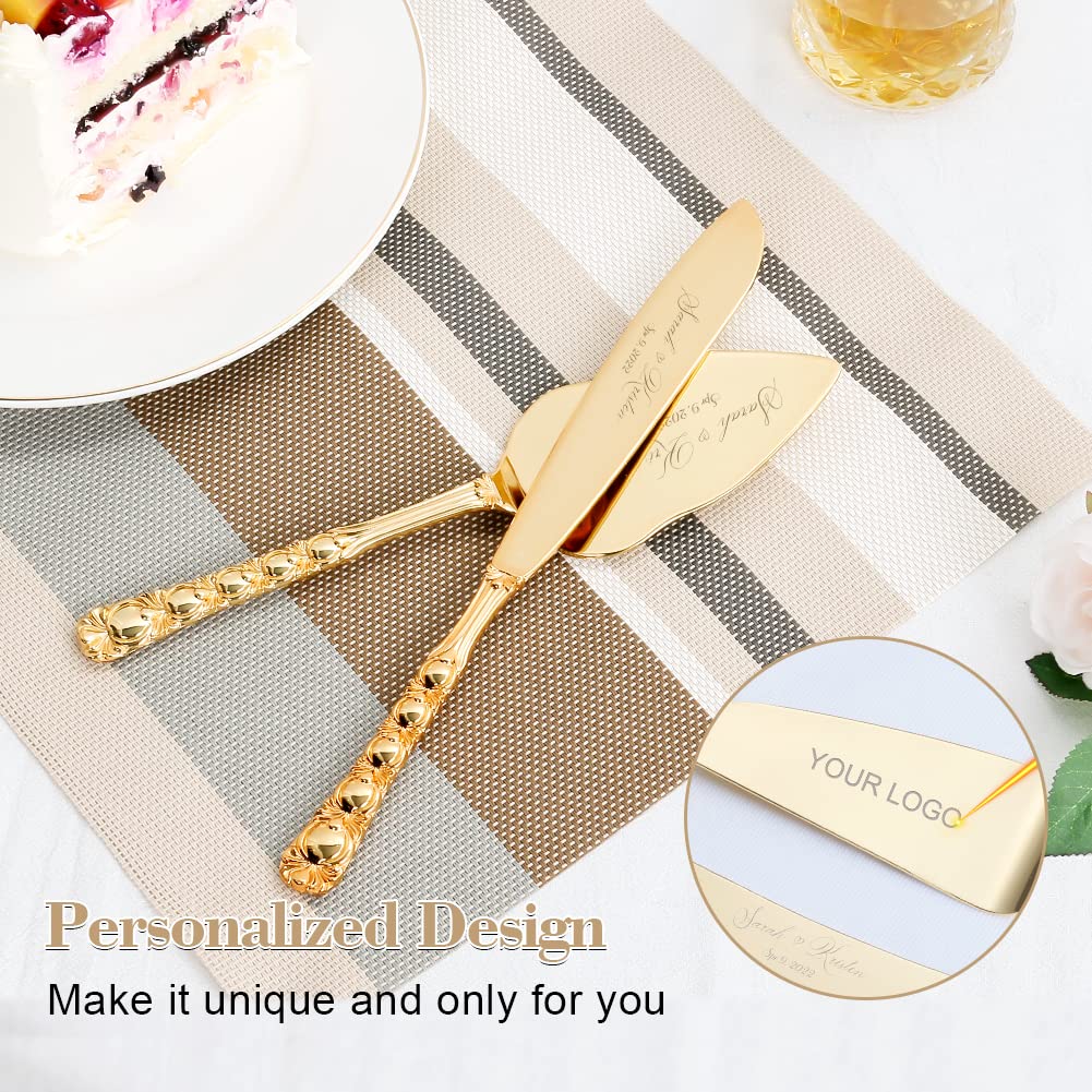 Personalized Gold Cake Knife and Server Set - Wedding Cake Cutting Set, Custom Engraved Pastry Pie Server & Pizza Cutter - Perfect Birthday Gift for Cake Lovers (with Bow) - Ideal for Weddings, Anniversaries, and Special Celebrations