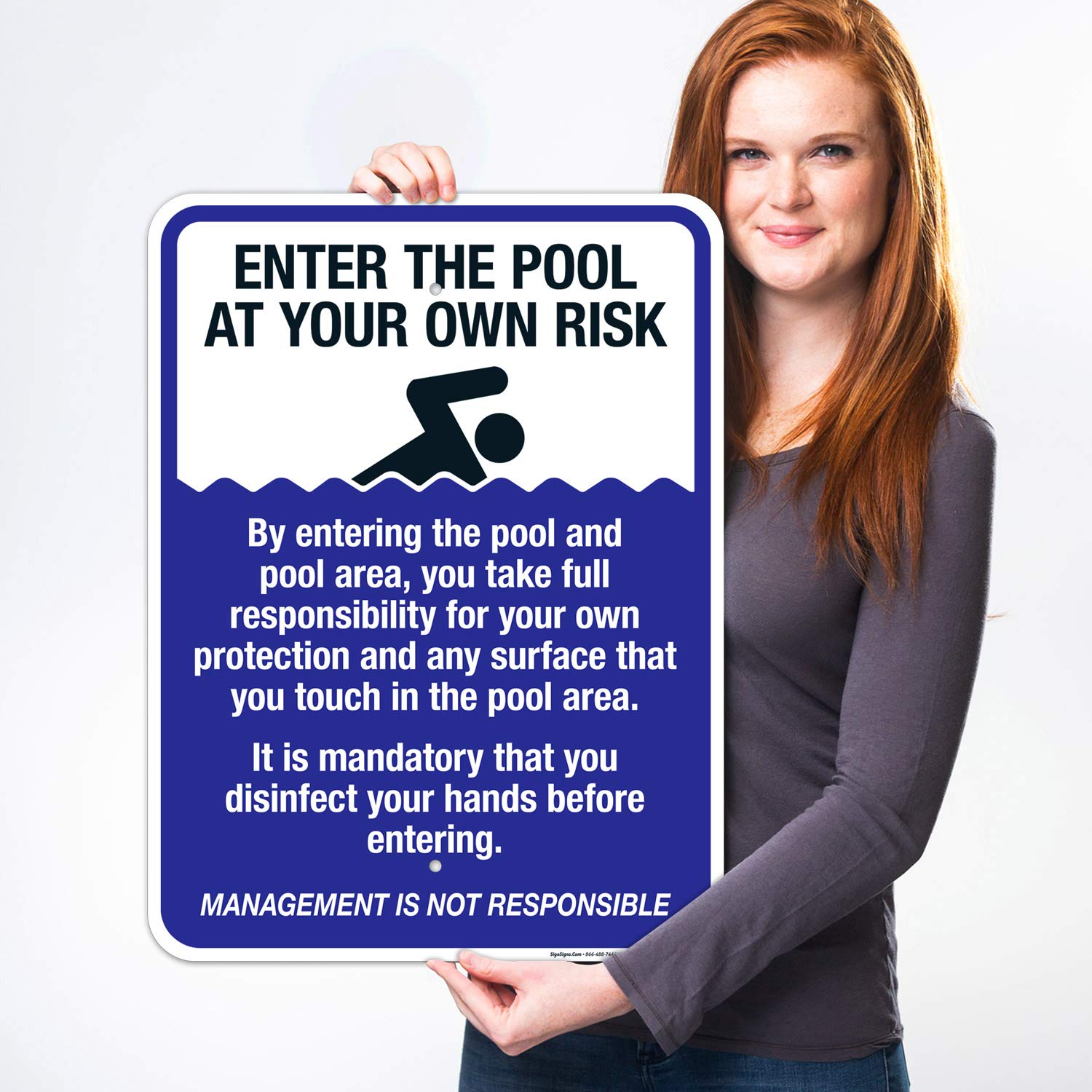 Enter The Pool at Your Own Risk Sign - 18x24 Inches Rust-Free .063 Aluminum Pool Warning Sign - Fade Resistant Indoor/Outdoor Safety Sign - Made in USA - Perfect for Backyard Pools, Community Centers & Water Parks