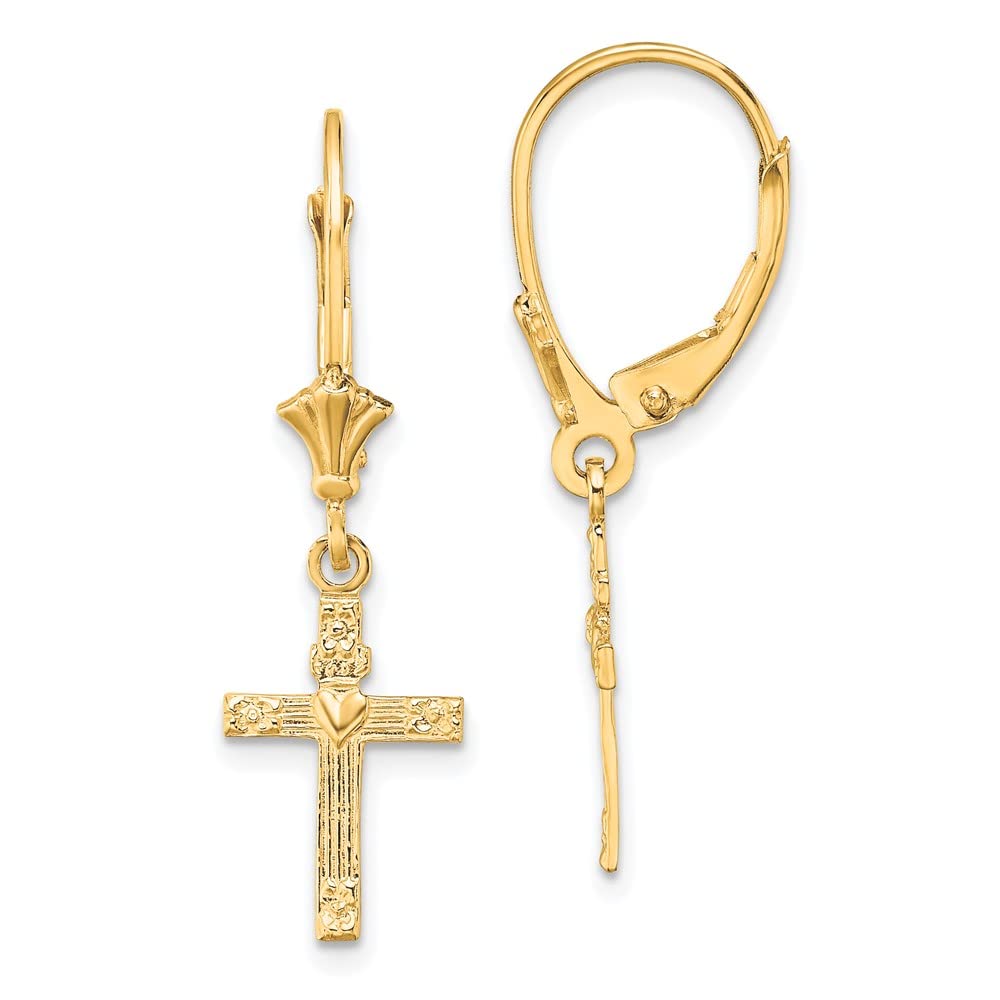 10K Yellow Gold Heart Cross Dangle Leverback Earrings for Women - 30mm x 8mm Textured Design - Perfect for Valentine's Day Gifts, Anniversary & Romantic Occasions