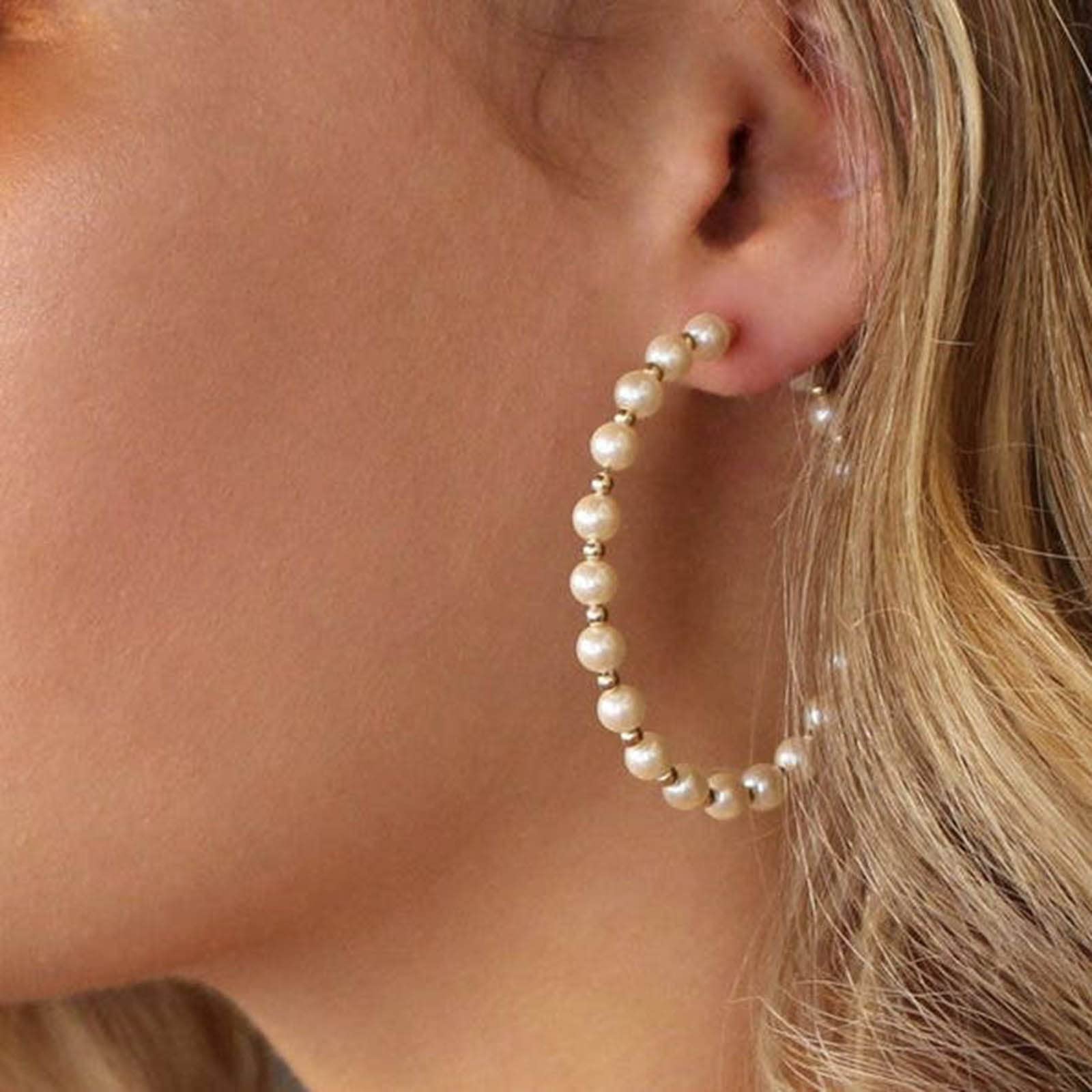 Olbye Pearl Earrings for Women - 14K Gold Plated Geometric Hoop Earrings with Beaded Charm, Large Circle Drop Dangle Earrings | Perfect for Wedding, Party & Everyday Jewelry