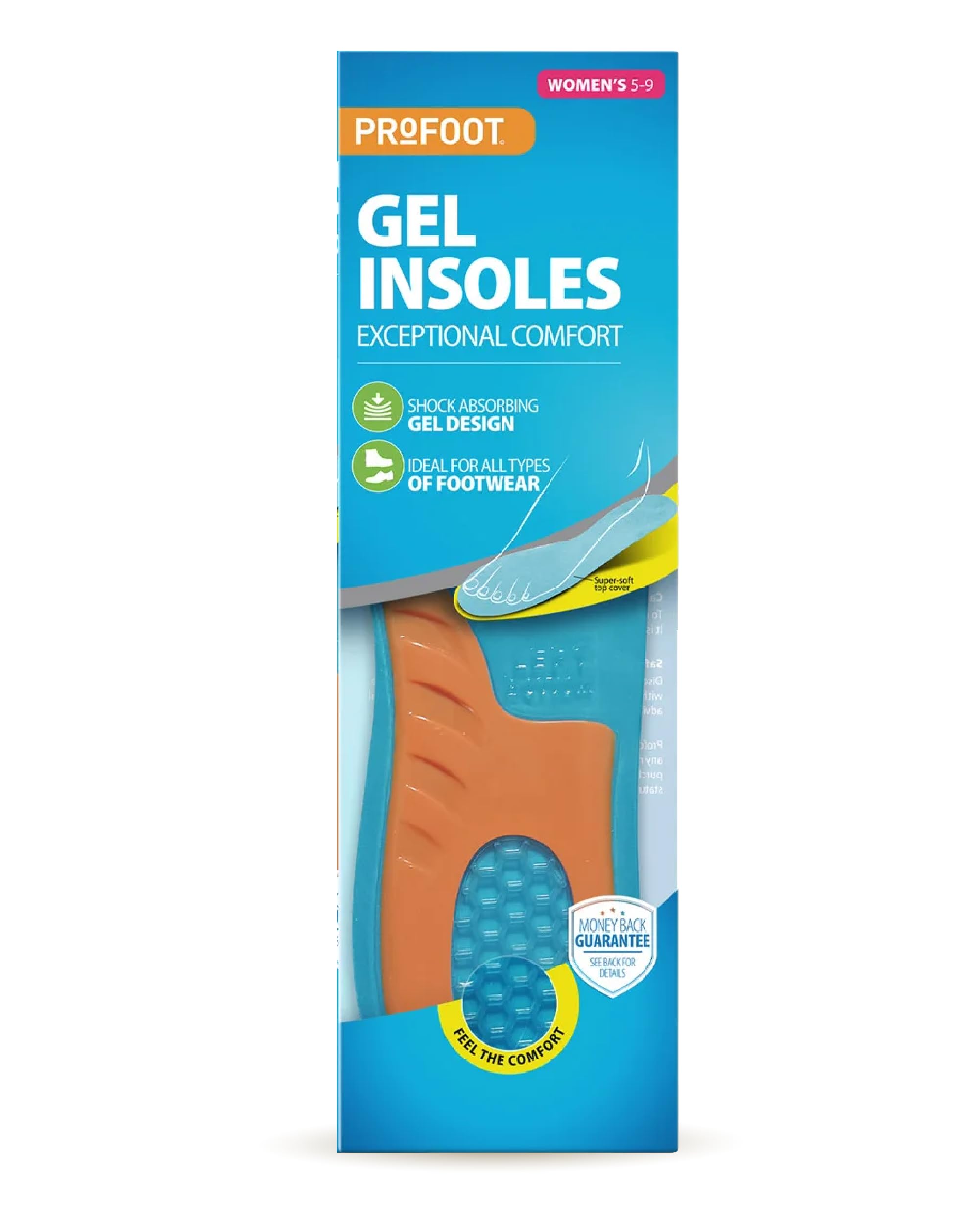 ProFoot Ultra Gel Massaging Insoles for Women - Comfort & Support (US Size 6-10) - 1 Pair - Perfect for Running, Walking & All-Day Comfort