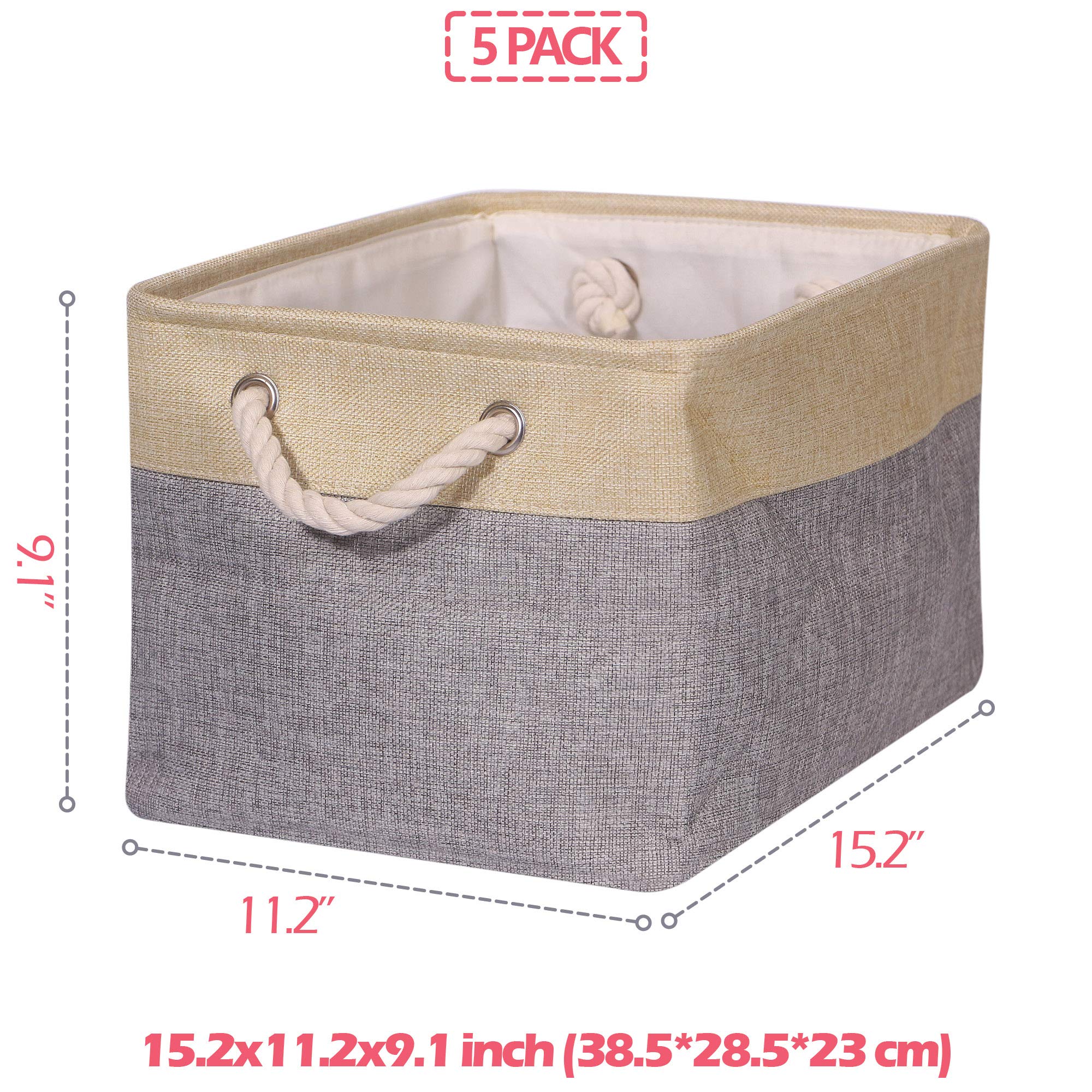 5-Pack Large Foldable Storage Bins with Handles - Collapsible Canvas Fabric Organizer Baskets for Closet, Home, Office, Nursery - Grey & Beige | Perfect for Clothes, Toys, Books & Home Organization