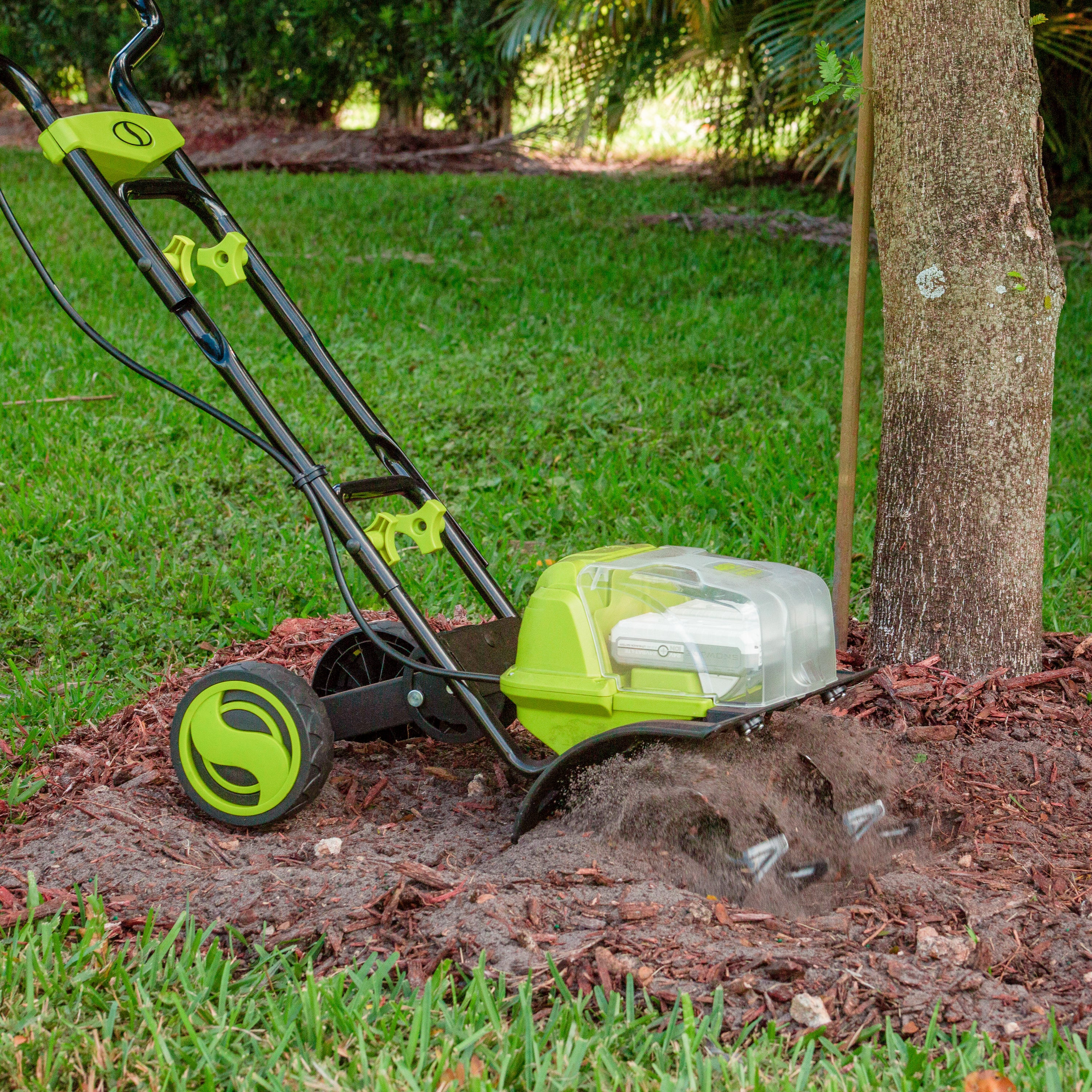 Sun Joe 24V X2 TLR14 48 Volt Cordless Garden Tiller & Cultivator Kit with 2 x 2.0Ah Batteries & Dual Port Charger - Perfect for Home Gardening, Lawn Aeration and Soil Cultivation