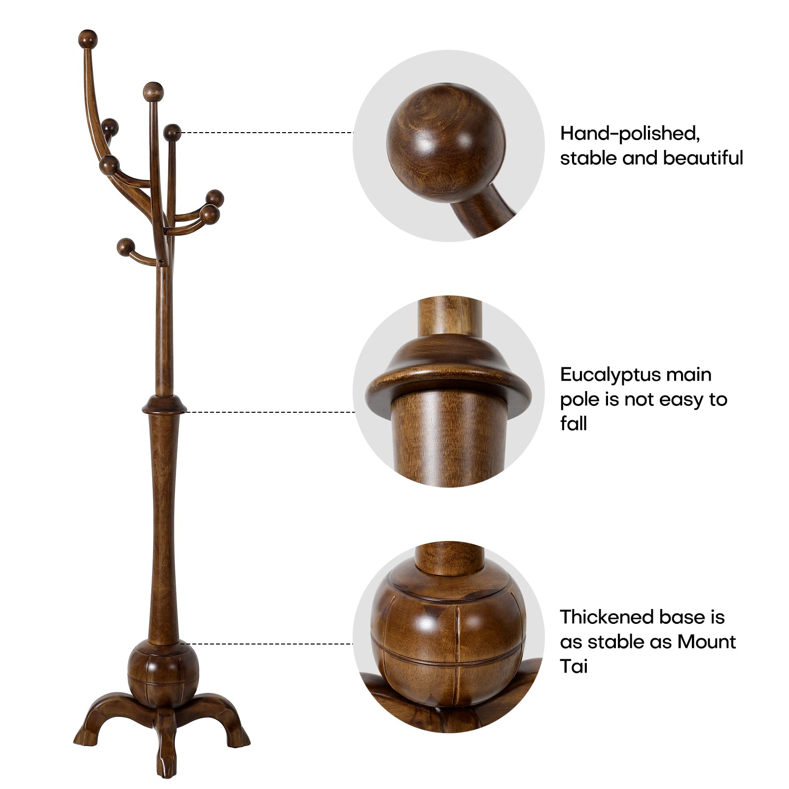 Freestanding Wood Coat Rack with 8 Hooks - Sturdy Tree Branch Design Clothes Hanger Stand (160lb Capacity) for Entryway, Hallway, Bedroom - Perfect for Organizing Jackets, Hats, Bags & Scarves in Walnut Finish