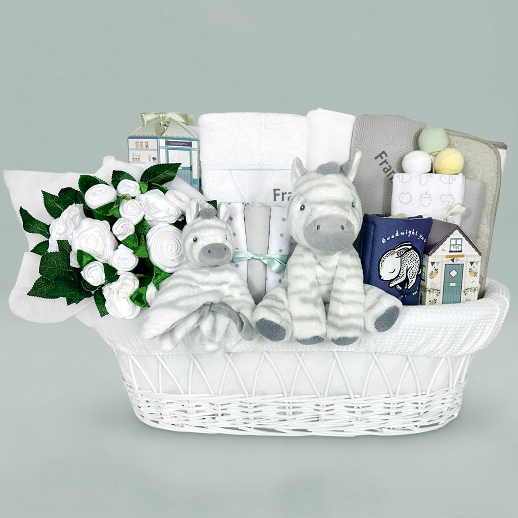 Personalized Zachary Zebra Moses Basket Baby Gift Hamper - White Cotton Baby Shower Gift for Newborns, Christening & Nursery Decor