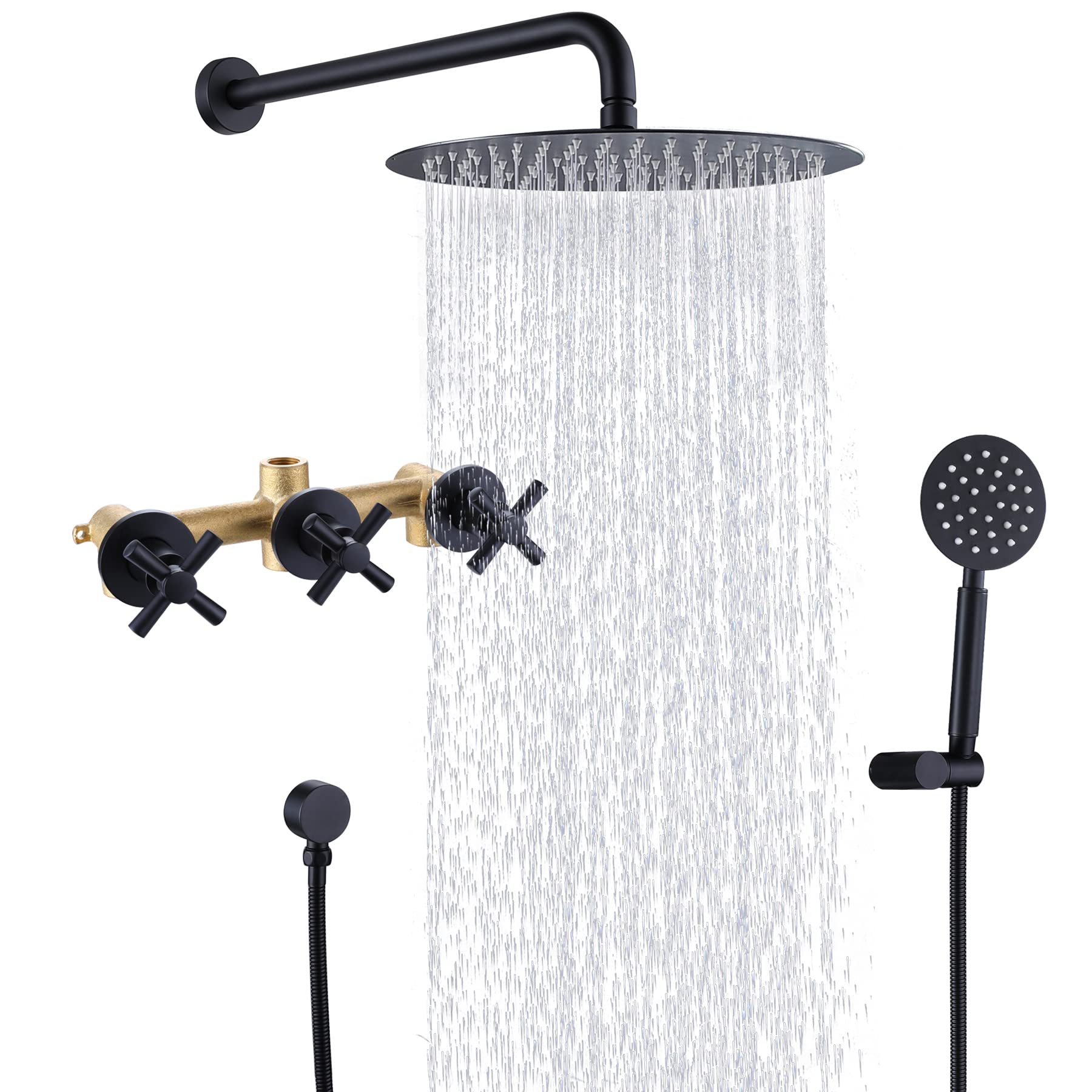 FSCEPIXI Matte Black 3-Handle Shower Faucet Set with 10-Inch Rain Shower Head & Handheld Shower Combo - Wall Mounted Bathroom Fixture for Modern Home & Spa Experience