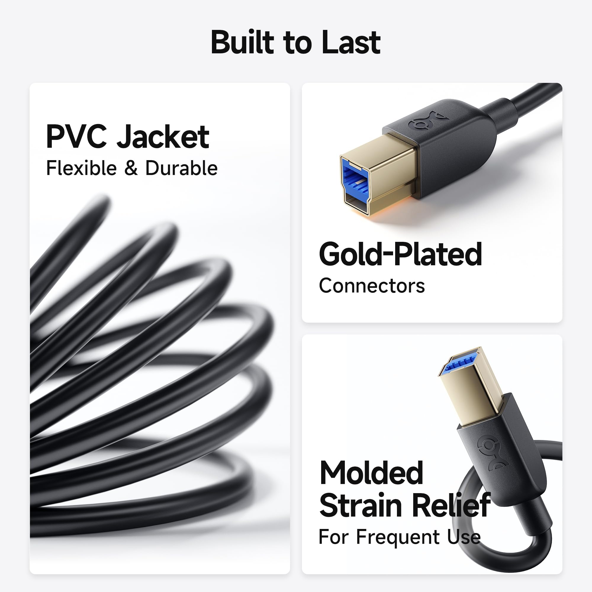 High-Speed USB 3.0 Cable A to B (2-Pack, 3ft) - Fast Data Transfer for Printers, Scanners & External Hard Drives | Durable & Tangle-Free | Black