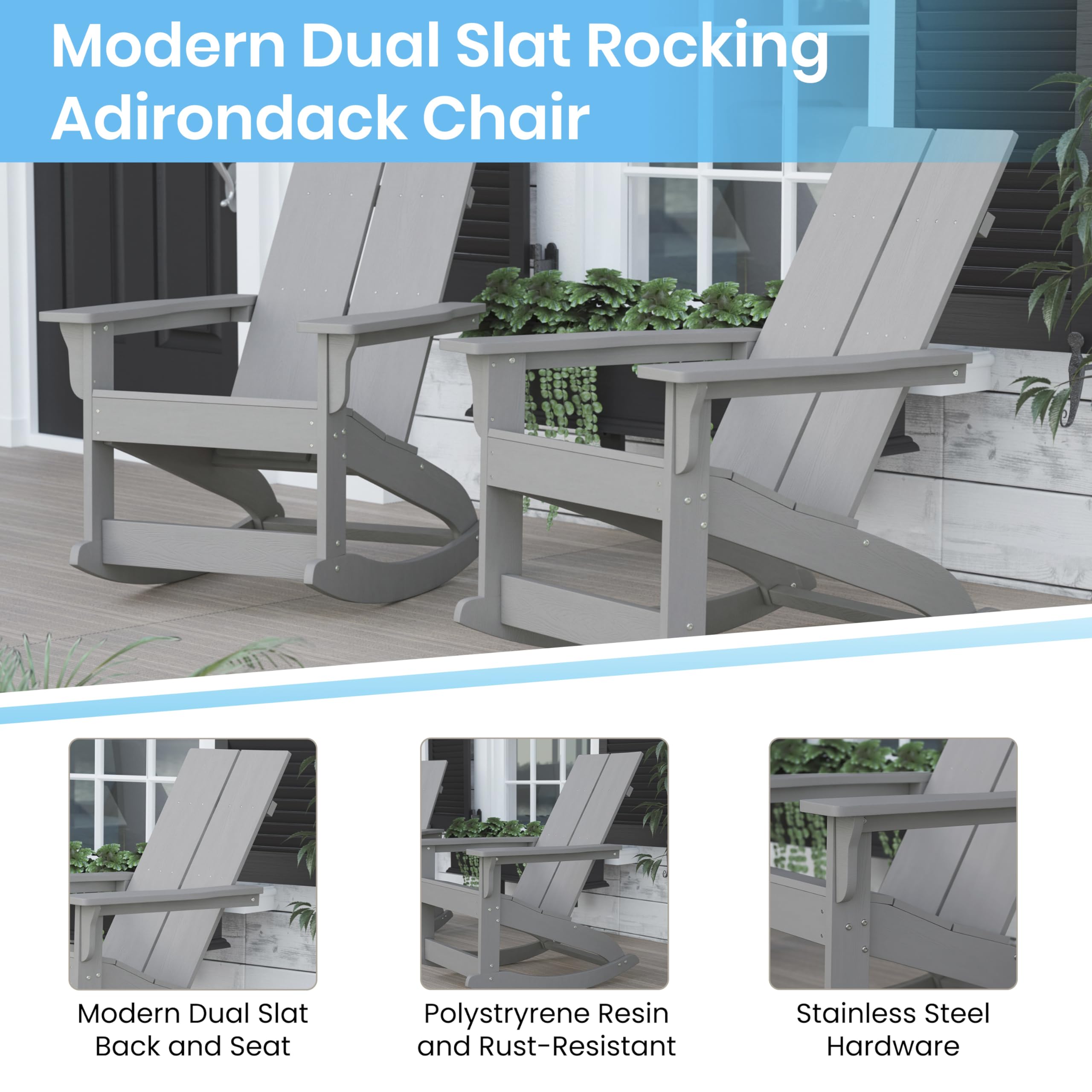 EMMA + OLIVER Harmon Adirondack Rocking Chair - Gray Poly Resin - Indoor/Outdoor All-Weather Rocking Chair - Easy Assembly - 350 lb Weight Capacity - Perfect for Patio, Garden, Porch & Backyard Relaxation