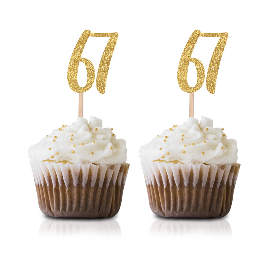 Gold Happy 67th Birthday Cupcake Toppers - 24-Pack Glitter Number 67 Cake Decorations for Anniversary Parties, Retirement Celebrations & Milestone Birthday Cakes