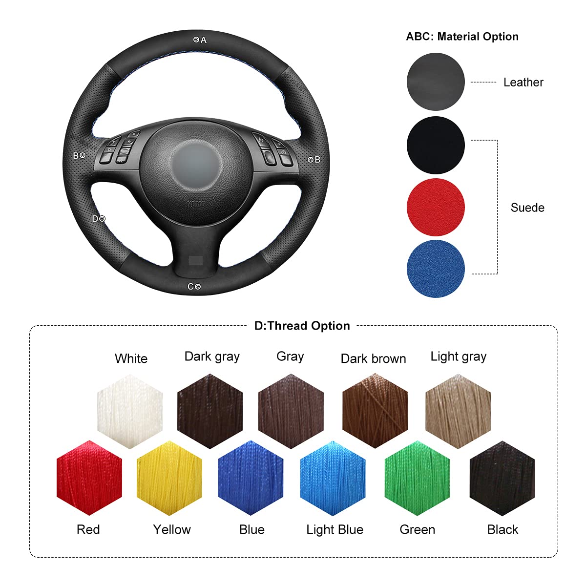 Premium MEWANT Leather Steering Wheel Cover for BMW 3 Series E46, E46/5, 5 Series E39, M3 & M5 - Anti-Slip Grip, Enhanced Comfort for Driving & Road Trips