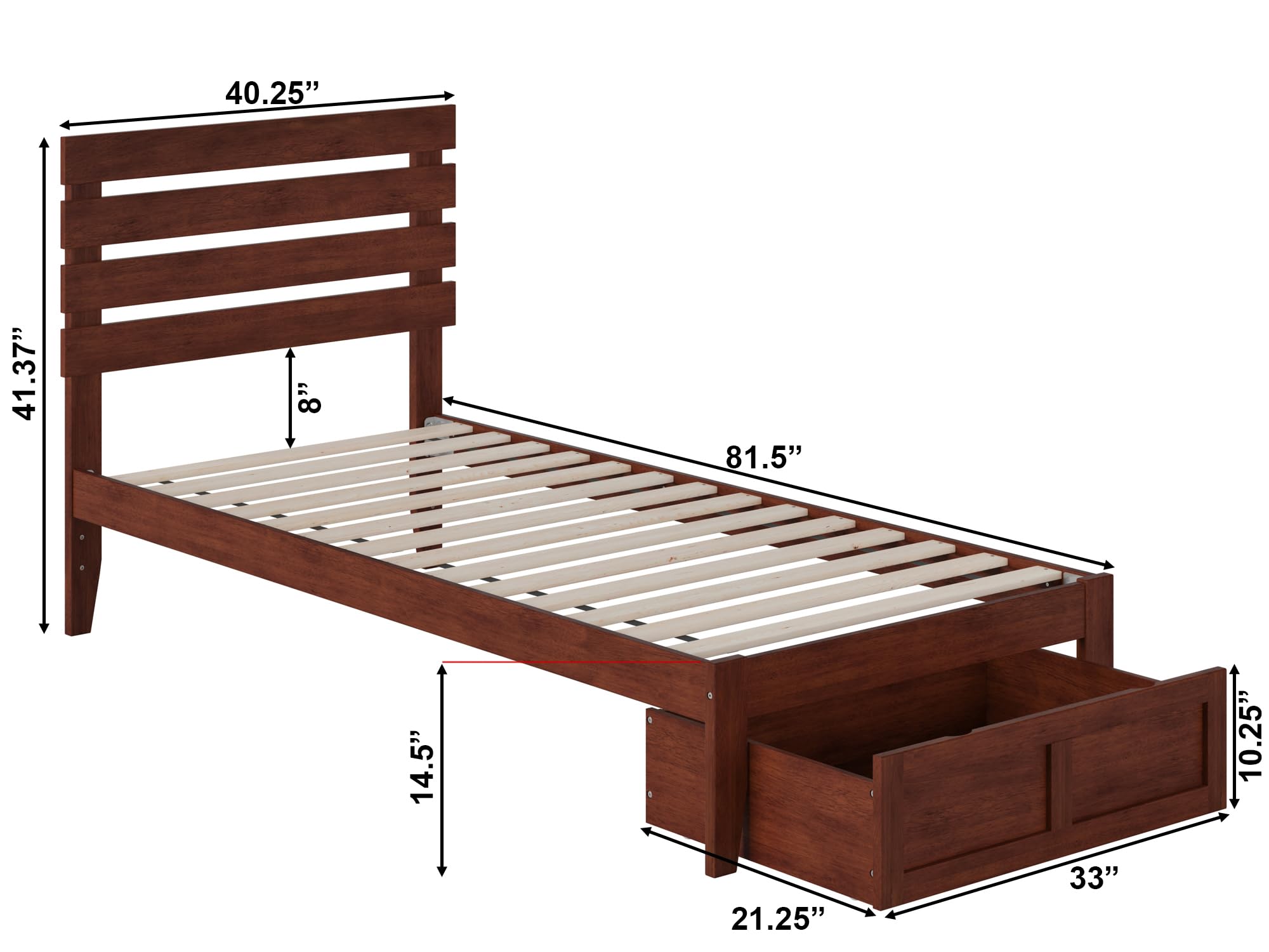 AFI Oxford Twin XL Size Platform Bed with Foot Drawer & USB Charging Station - Walnut Finish, Space-Saving Storage Solution for Small Bedrooms, Dorm Rooms & Studio Apartments