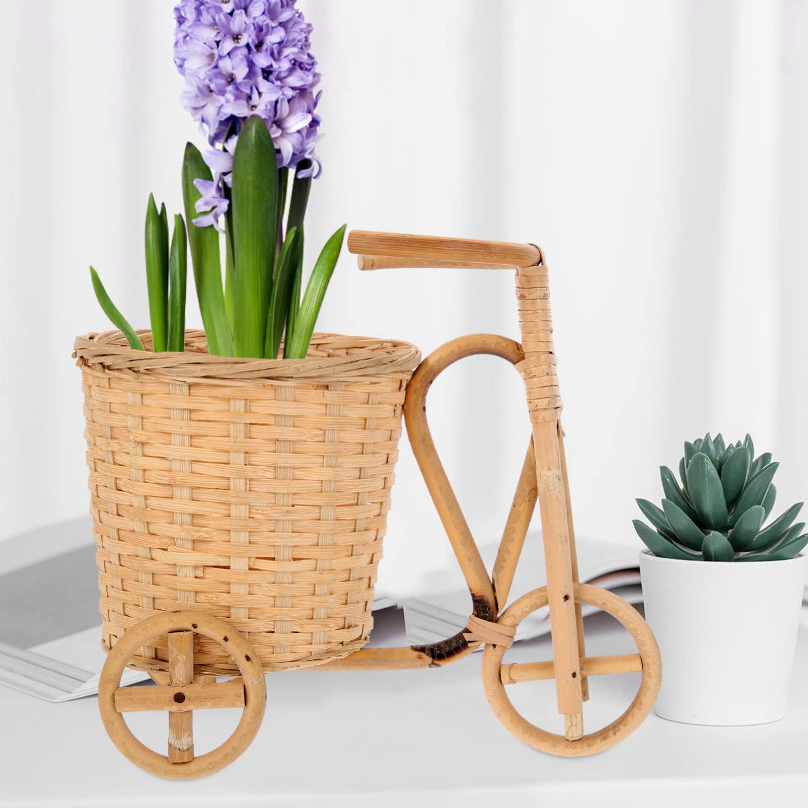 GANAZONO Bamboo Woven Flower Basket - Handmade Decorative Storage Organizer for Home Decor, Farmhouse Style Mini Tricycle Basket with Craft Texture - Perfect for Floral Arrangements, Bathroom Organization & Rustic Table Centerpieces