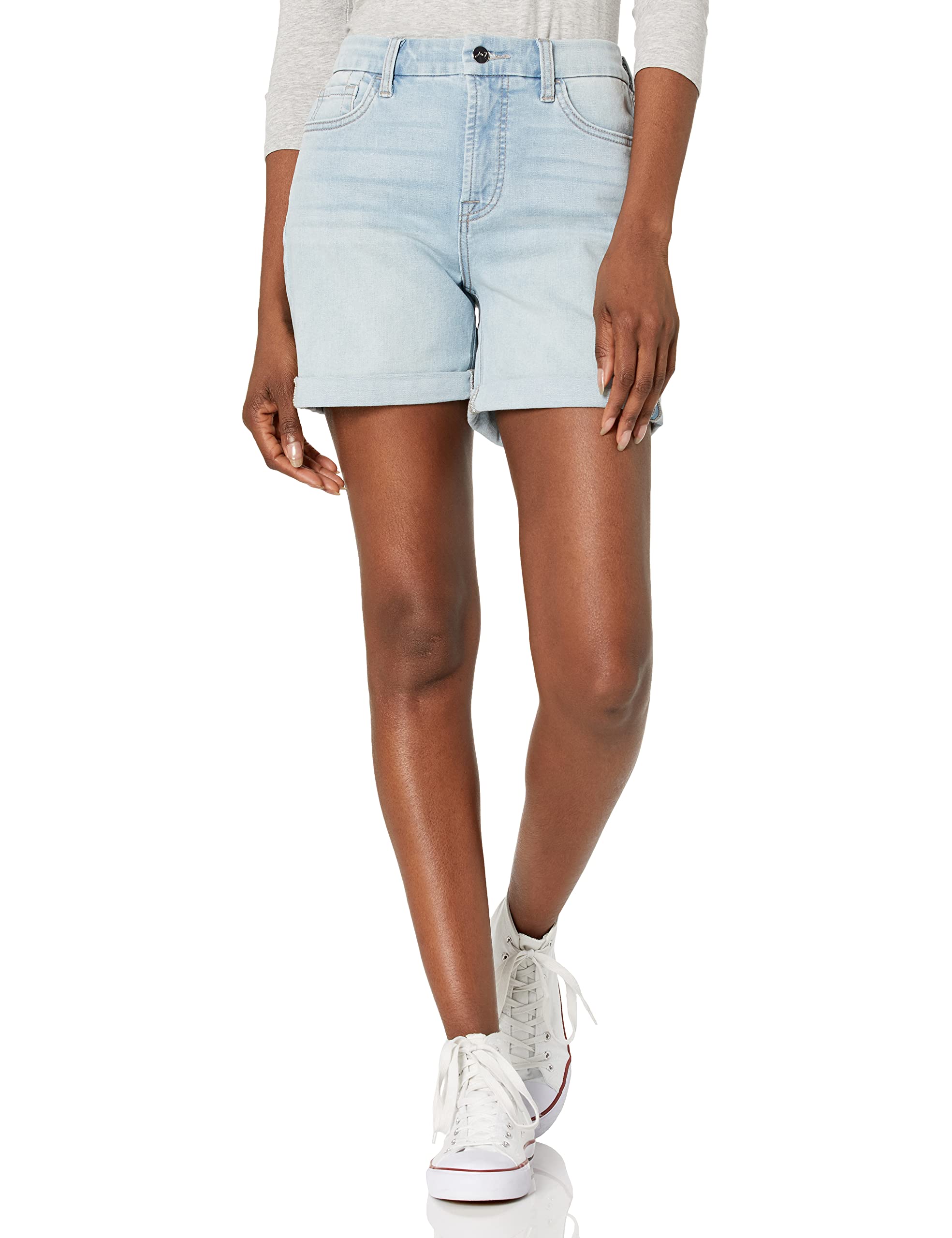 Jen7 Women's Mid-Length Cuffed Denim Jean Shorts - High Waist Distressed Denim Shorts for Women - Casual Summer Fashion - Perfect for Beach, Outing & Street Style