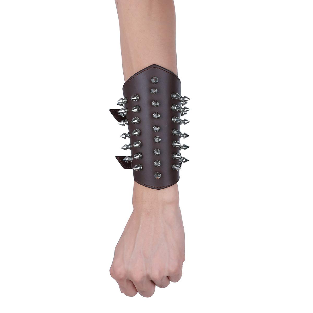 Unisex Faux Leather Gauntlet Wristband - Wide Bracer Arm Armor Cuff with Metal Spike Studs - Medieval Gothic Bracelet for Cosplay, LARP, Halloween Costume & Punk Fashion Accessory