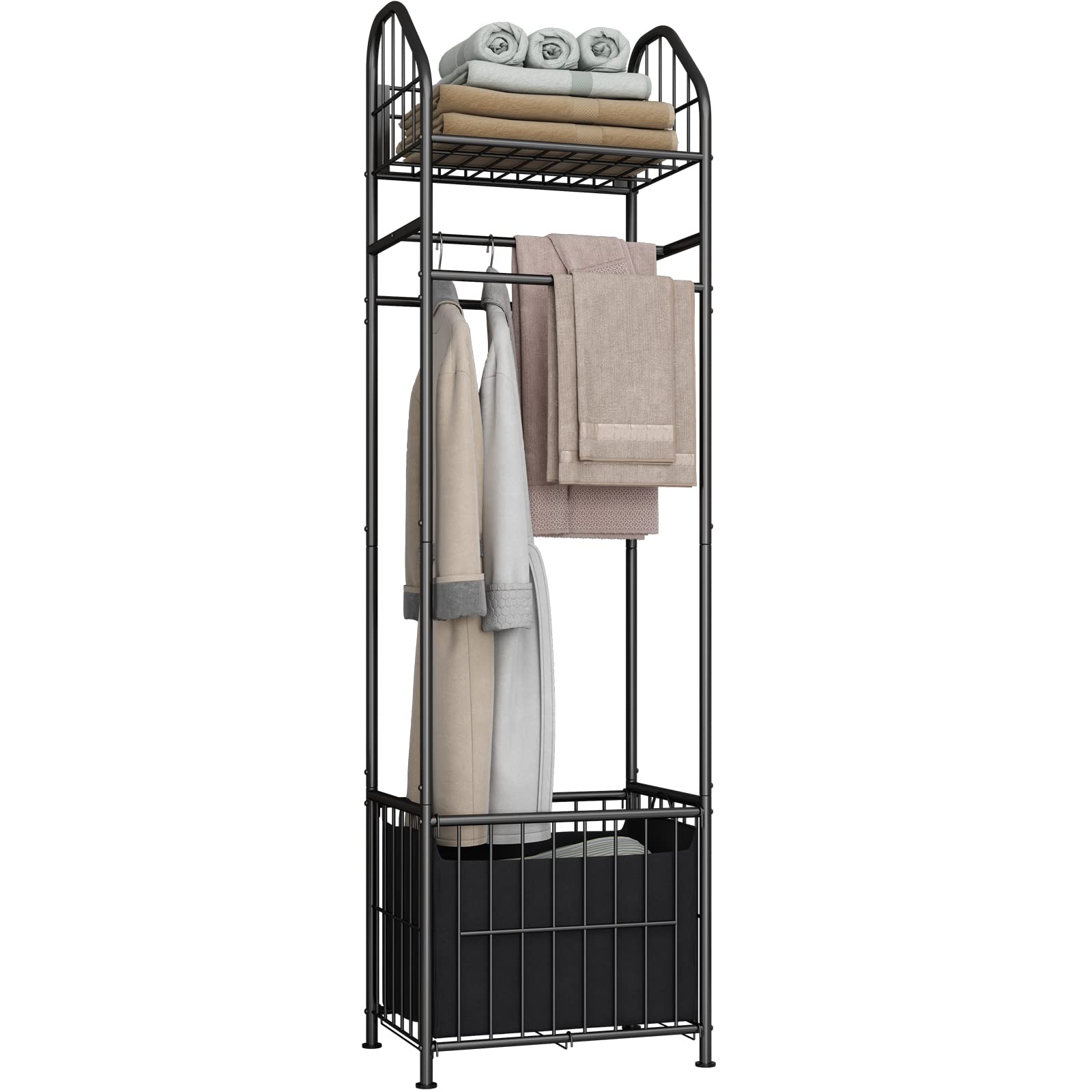SORCEDAS 3-Tier Metal Wire Towel Rack Holder with Laundry Hamper - Standing Bathroom Shelf Organizer for Towels, Clothes & Storage - Perfect for Laundry Room, Bedroom & Living Room - Space Saving Home Decor (Black)