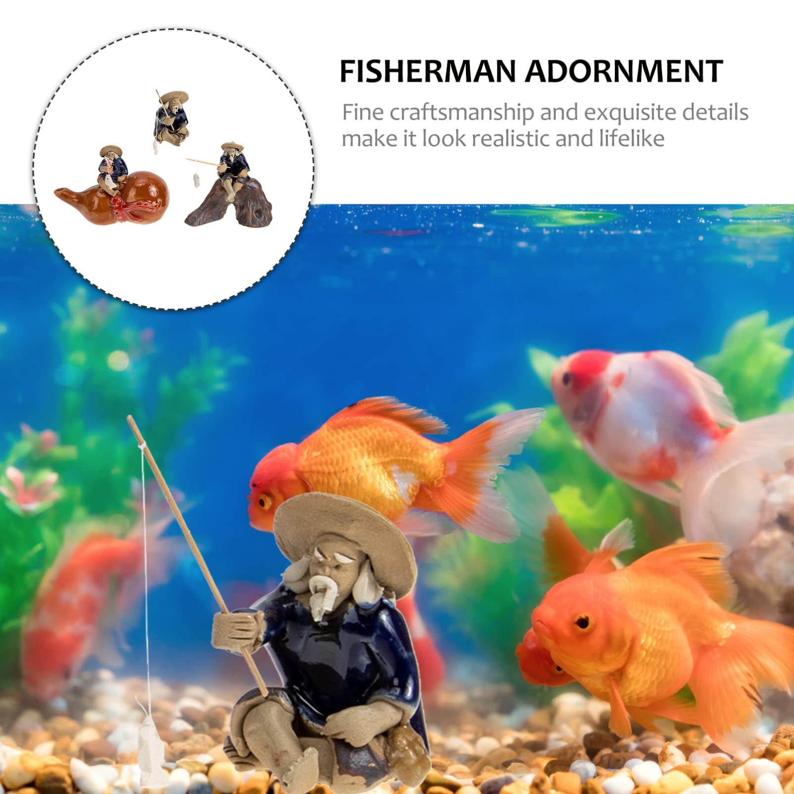 GANAZONO 3-Piece Chinese Bonsai Ornament Set - Ceramic Fisherman Figurines, Miniature Landscape Decor for Zen Gardens, Home Office Desk & Aquarium Scenery