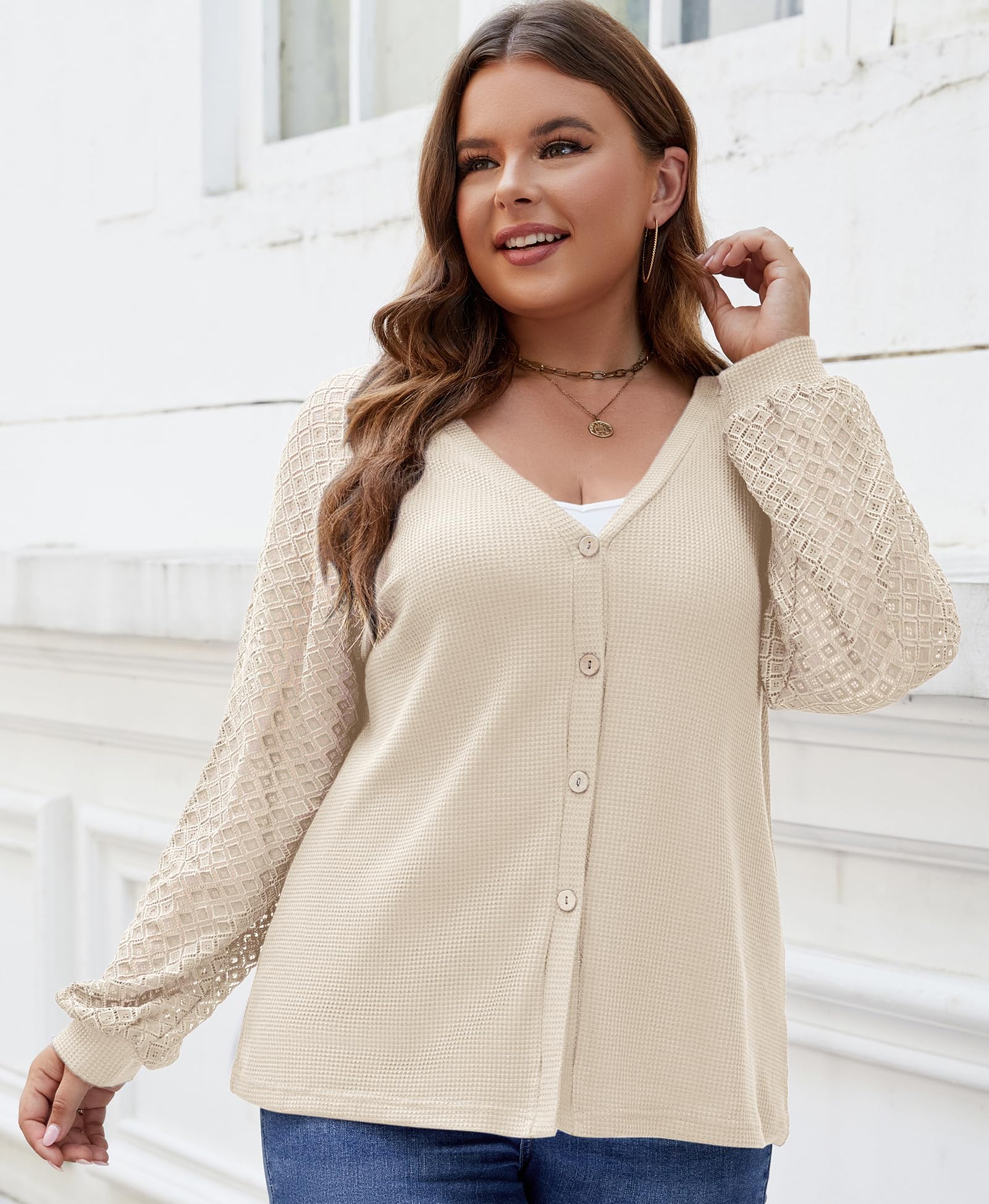 Plus Size Women's Lace Long Sleeve Button Down Cardigan - Soft Lightweight Waffle Knit Sweater for Casual Wear, Office & Fall Layering