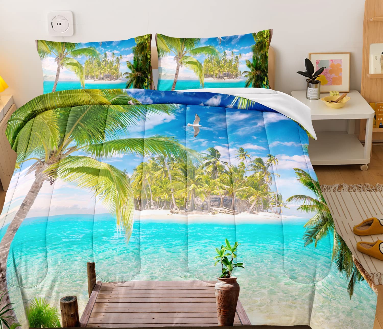 BDUCOK Tropical Ocean Comforter Set - Twin Size Beach Bedding with Palm Tree Design, Hawaii Coastal Theme All-Season Duvet Cover - Includes 1 Comforter & 2 Pillowcases - Perfect for Beach House, Vacation Rental & Coastal Bedroom Decor