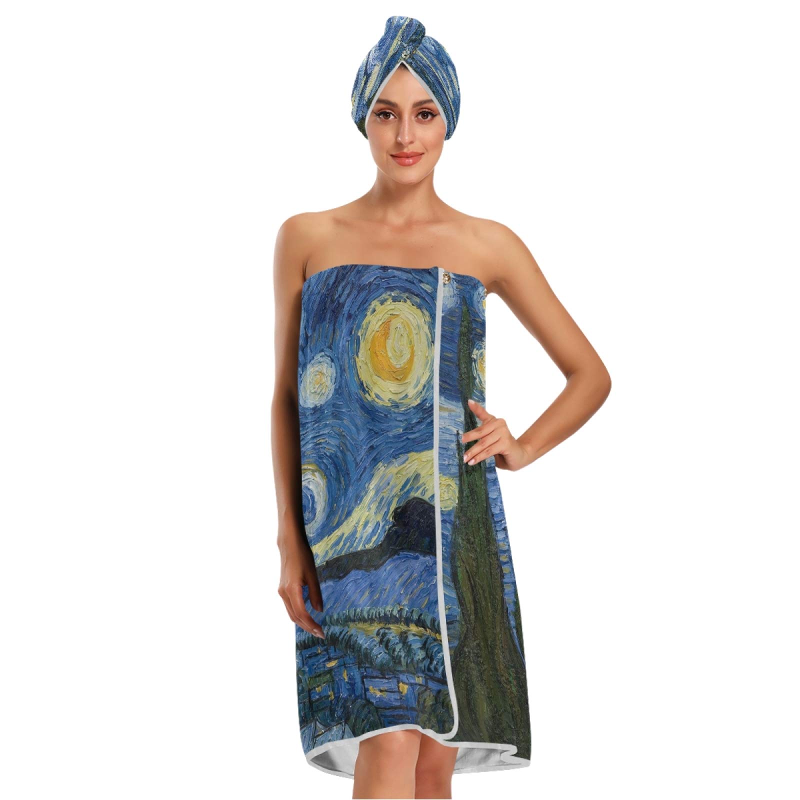 ATTX Women's Spa Towel Wrap Set of 3 - Van Gogh The Starry Night Art Bathrobe, Shower & Bath Body Wrap with Adjustable Closure - Perfect for Spa, Beach & Home Relaxation
