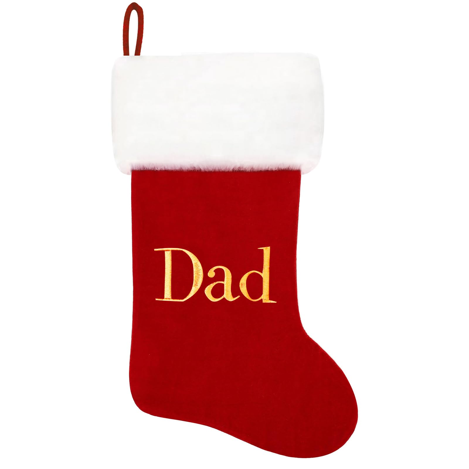 20 Inch Personalized Red Velvet Christmas Stocking with White Plush Cuff - Embroidered Monogram Holiday Stockings for Dad - Classic Xmas Decor for Fireplace Mantel & Family Gift Exchange