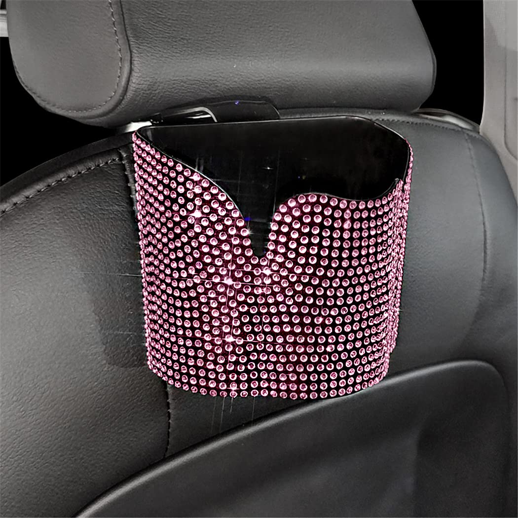 Pink Rhinestone Bling Mini Crystal Car Trash Can - Waterproof Hanging Seat Back Auto Garbage Bag for Car, Home, Office, and Travel Use
