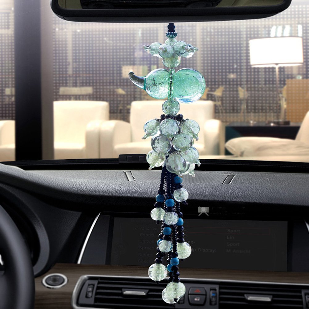 Glow in The Dark Crystal Gourd Car Air Freshener Hanging Charm with Tassel Beads - Nighttime Illumination for Car Interior Decor & Aromatherapy