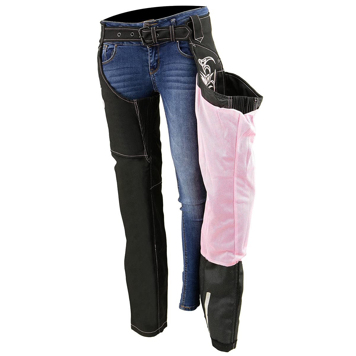 Milwaukee Leather SH1182 Women's Black & Pink Motorcycle Chaps with Tribal Embroidery - Durable Textile Riding Chaps for Women Bikers, Perfect for Harley Davidson & Cruiser Motorcycles