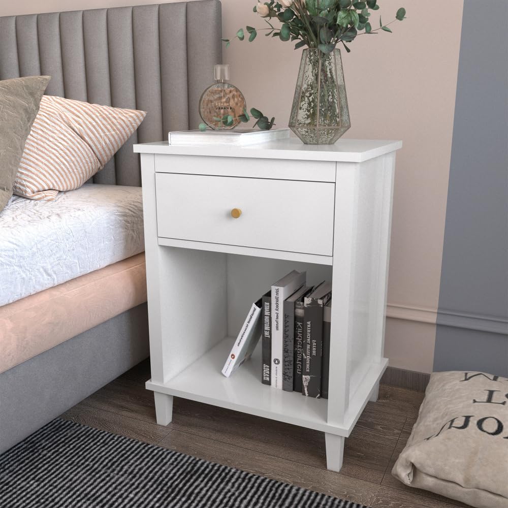 Modern Kids Nightstand with Drawer & Open Shelf - Wooden Toddler Bedside Table for Boys & Girls - White Nursery & Bedroom Storage Furniture - Perfect for Bedrooms, Playrooms & Kids' Rooms