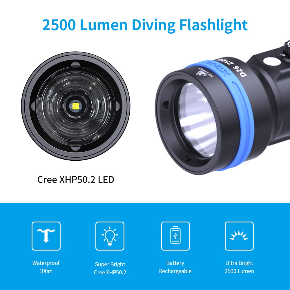 XTAR D26 2500 Lumens Professional Scuba Diving Flashlight - Waterproof Underwater Torch for Cave, Wreck & Night Diving (100m Depth Rated) - Perfect for Marine Exploration, Night Fishing & Emergency Use
