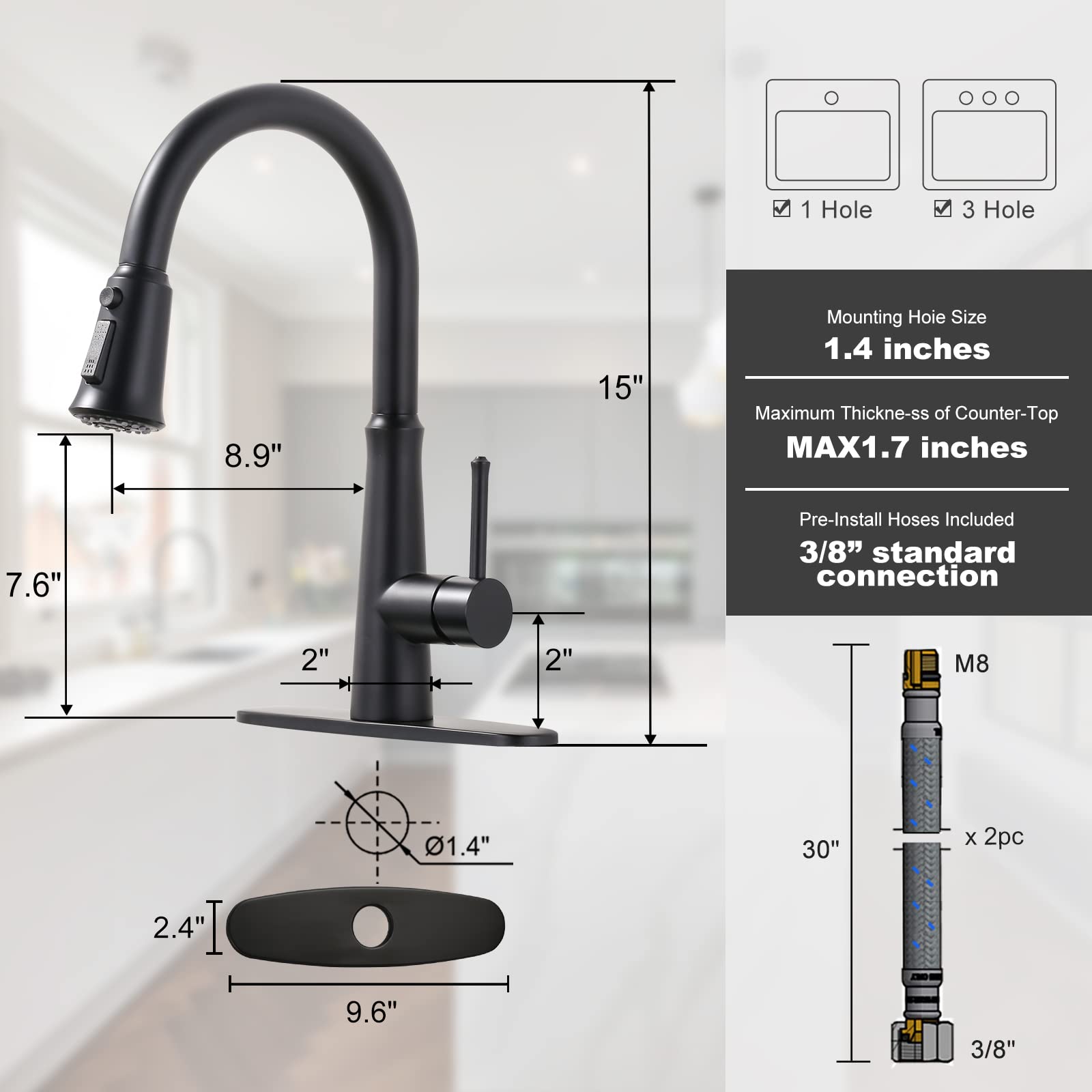 Matte Black Kitchen Faucet with Pull Down Sprayer - Stainless Steel High Arc Single Hole Faucet for Sinks, 1 or 3 Hole Installation, 360° Swivel Spout - Perfect for Modern Kitchens, RVs, and Small Spaces