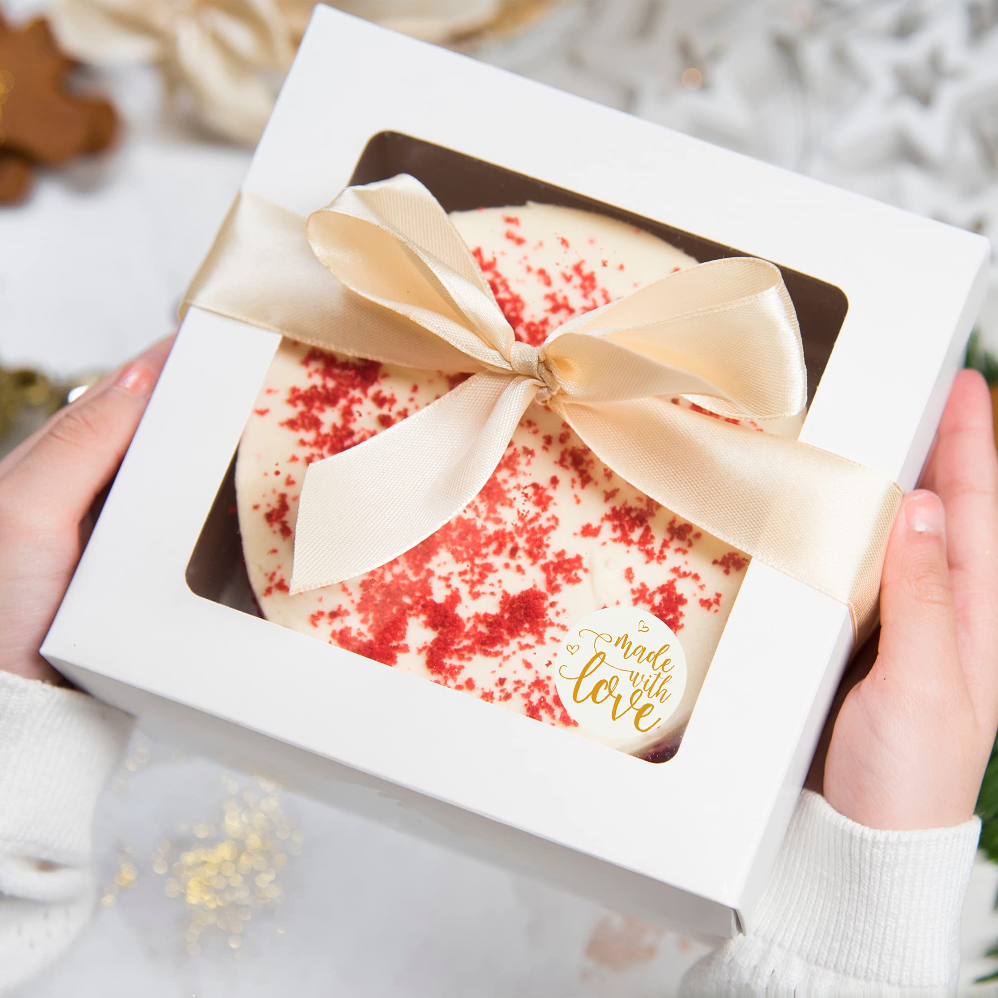 8x8x4 Inch White Cake Boxes with Window - 25 Pack + 30 Bonus Stickers | Auto Pop-Up, Extra Thick & Oil Resistant | Perfect for Cookies, Pies, Pastries & Bakery Treats | Ideal for Home Bakers & Restaurants | Great for Gift Packaging & Party Desserts