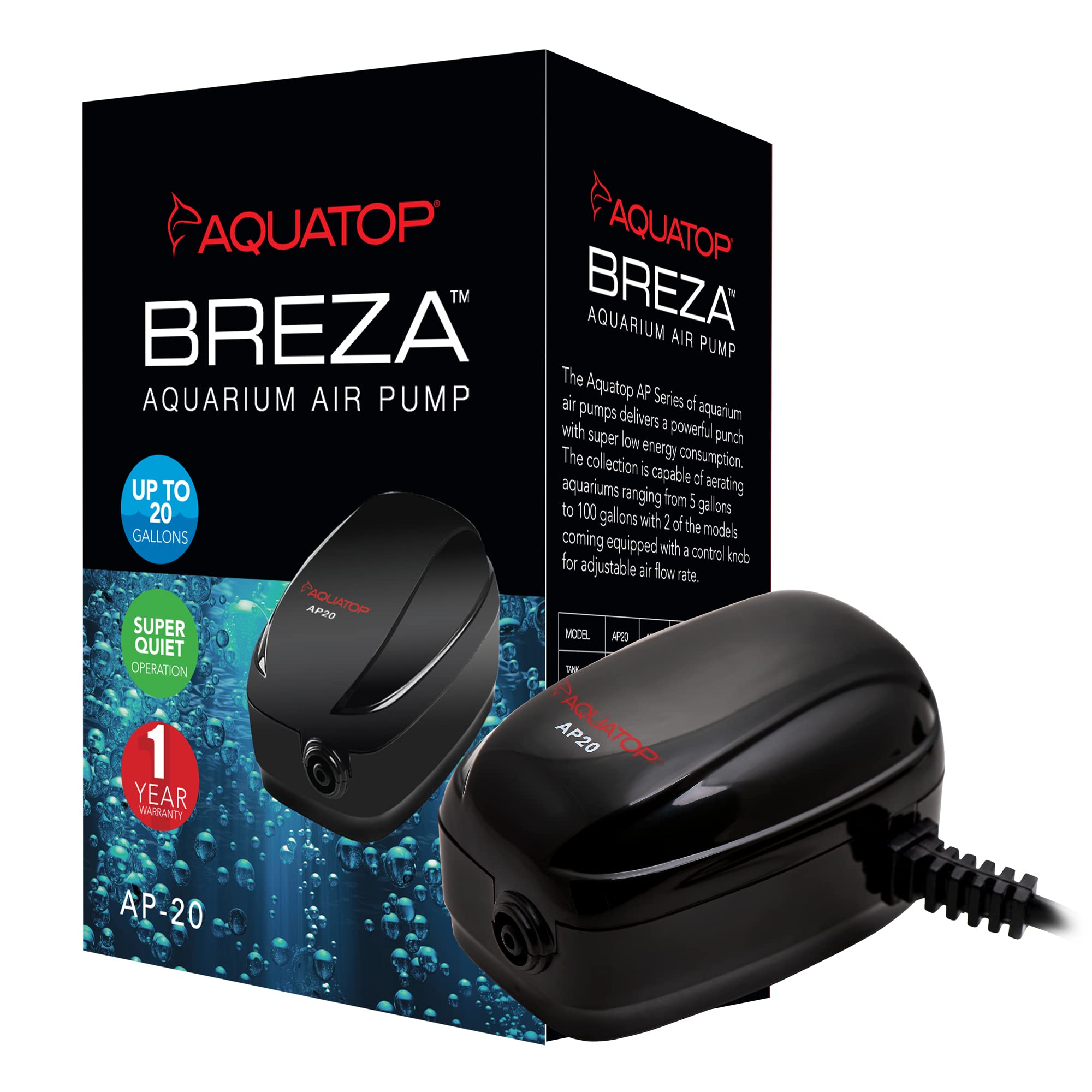 Aquatop Breza Aquarium Air Pump - Quiet Oxygen Pump for Fish Tanks, 10-20 Gallon - Perfect for Home Aquariums, Fish Breeding & Hydroponics Systems